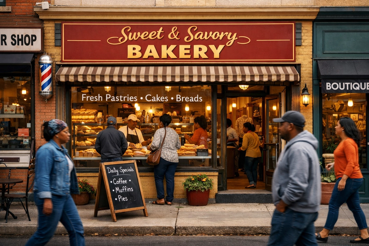 Thriving Black-owned bakery storefront in local neighborhood showing community economic growth