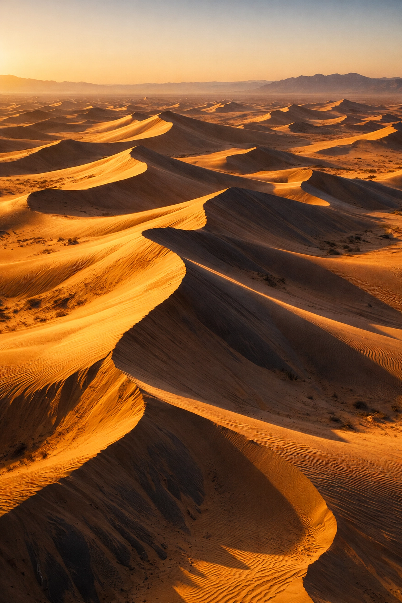 Sunrise over desert dunes showing how light and shadow define professional landscape composition.