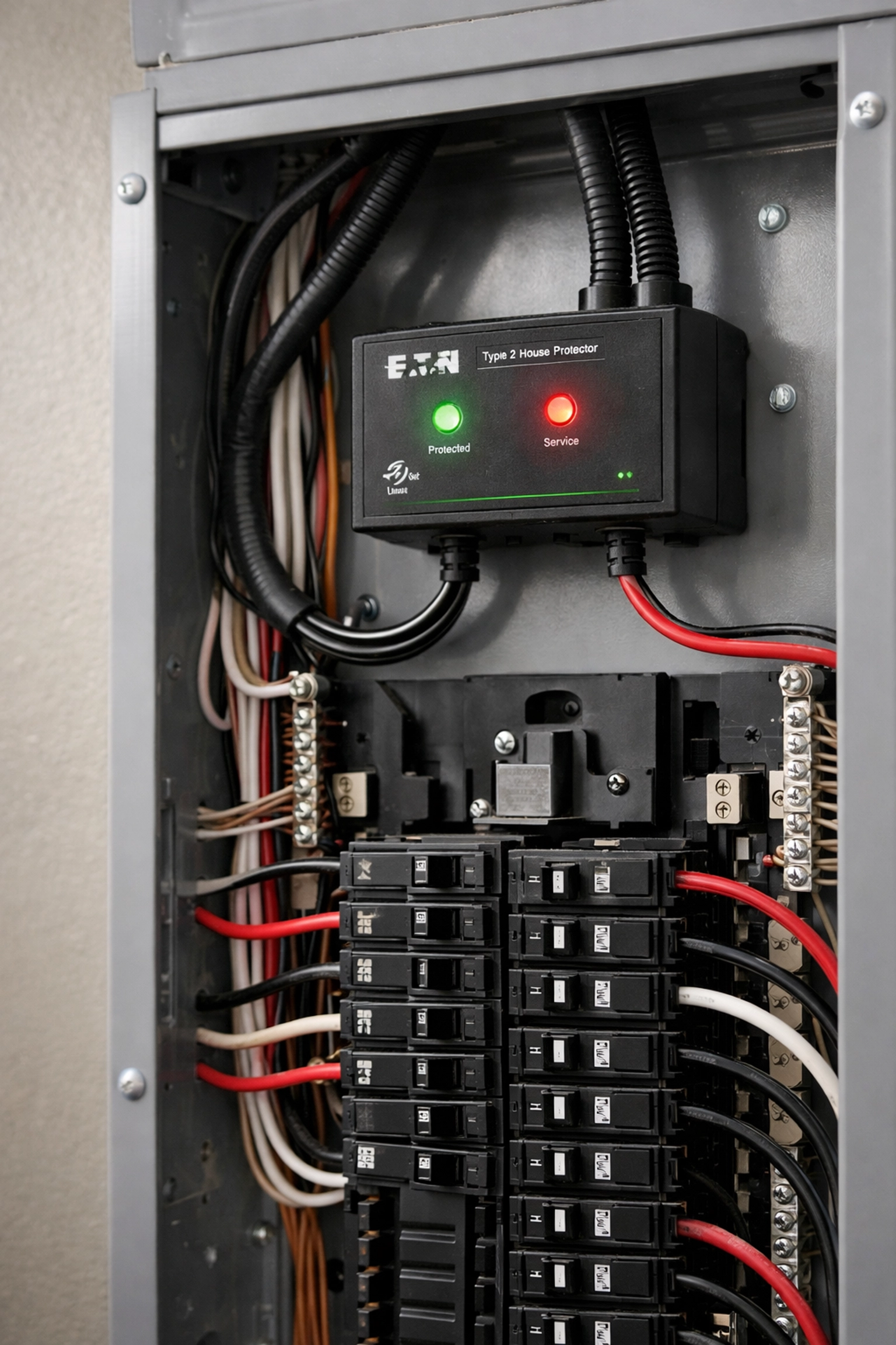 Whole-home surge protector installed in electrical panel for Phoenix monsoon protection