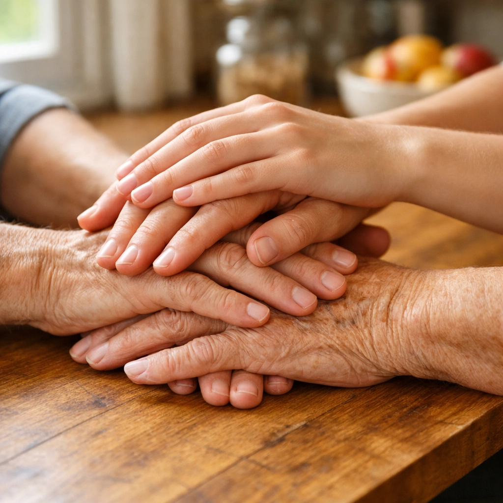 Multi-generational family hands stacked together showing unity and final expense insurance protection Multi-generational family hands stacked together showing unity and final expense insurance protection