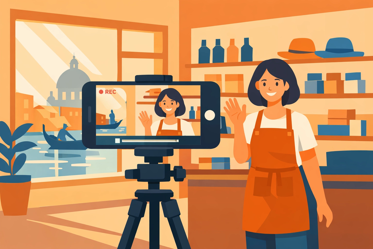 Venice small business owner filming video marketing content with smartphone in storefront