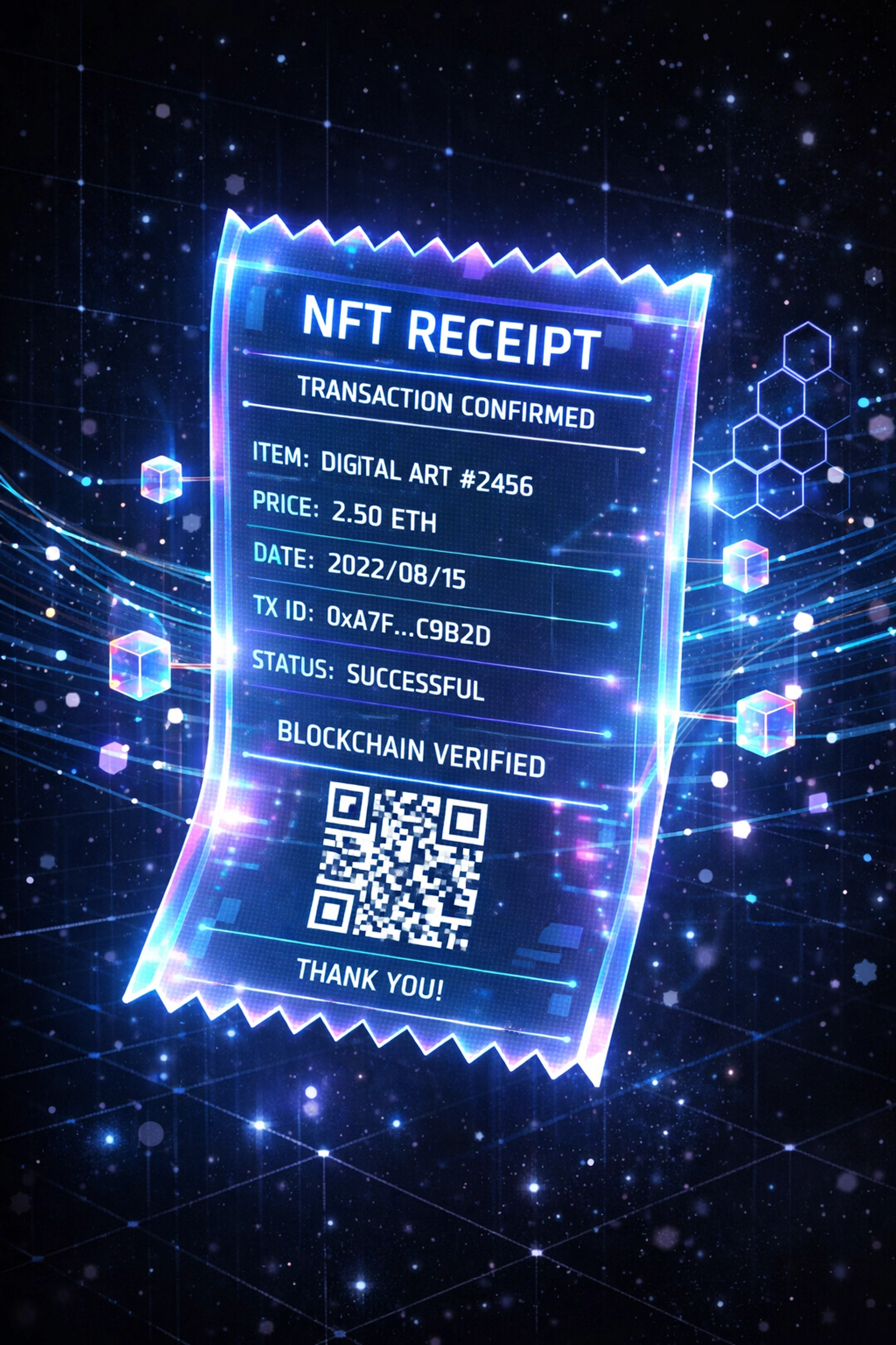 NFT receipt on blockchain with transaction data for crypto payment accounting and verification