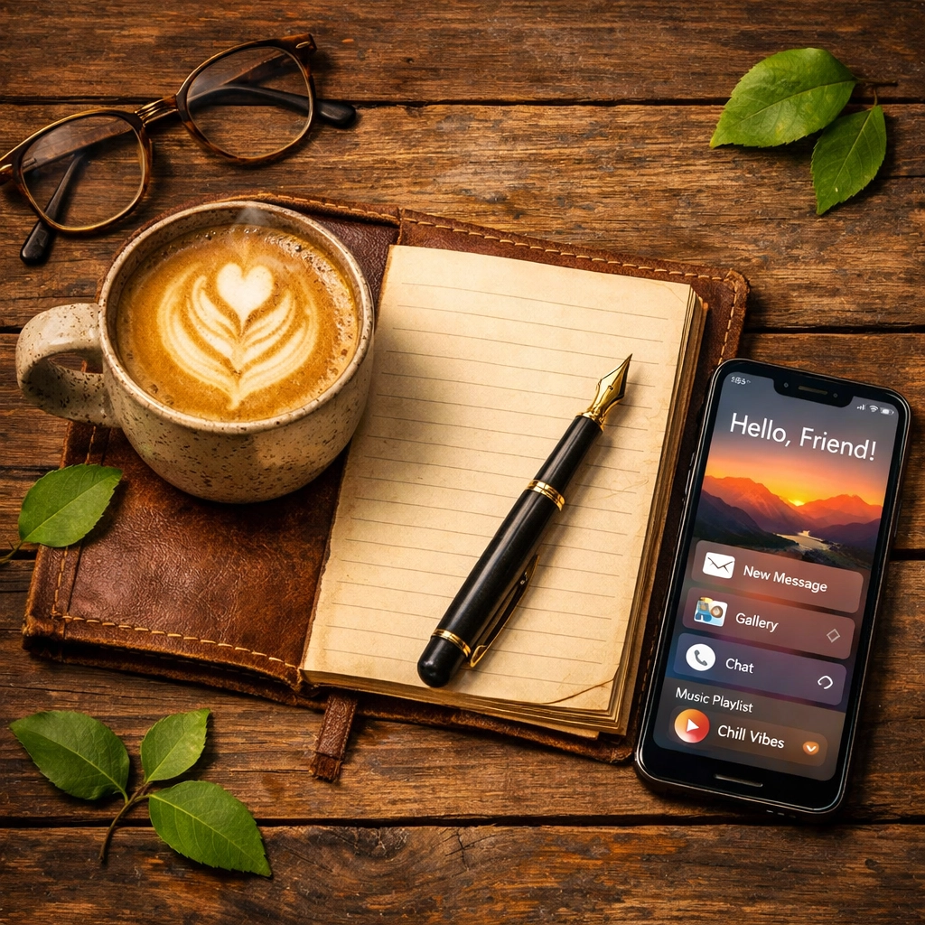 A cozy desk setup with coffee and a journal, representing personal email storytelling for small businesses.