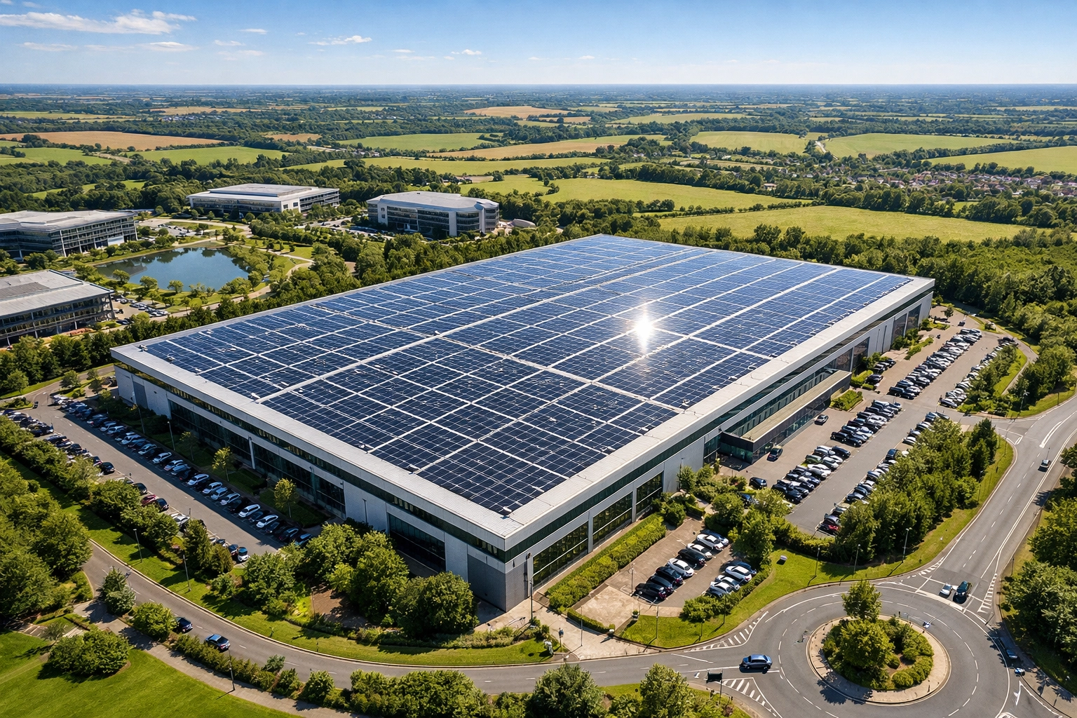 Large-scale commercial solar panel installation on a business roof in the Hampshire and Wiltshire area.