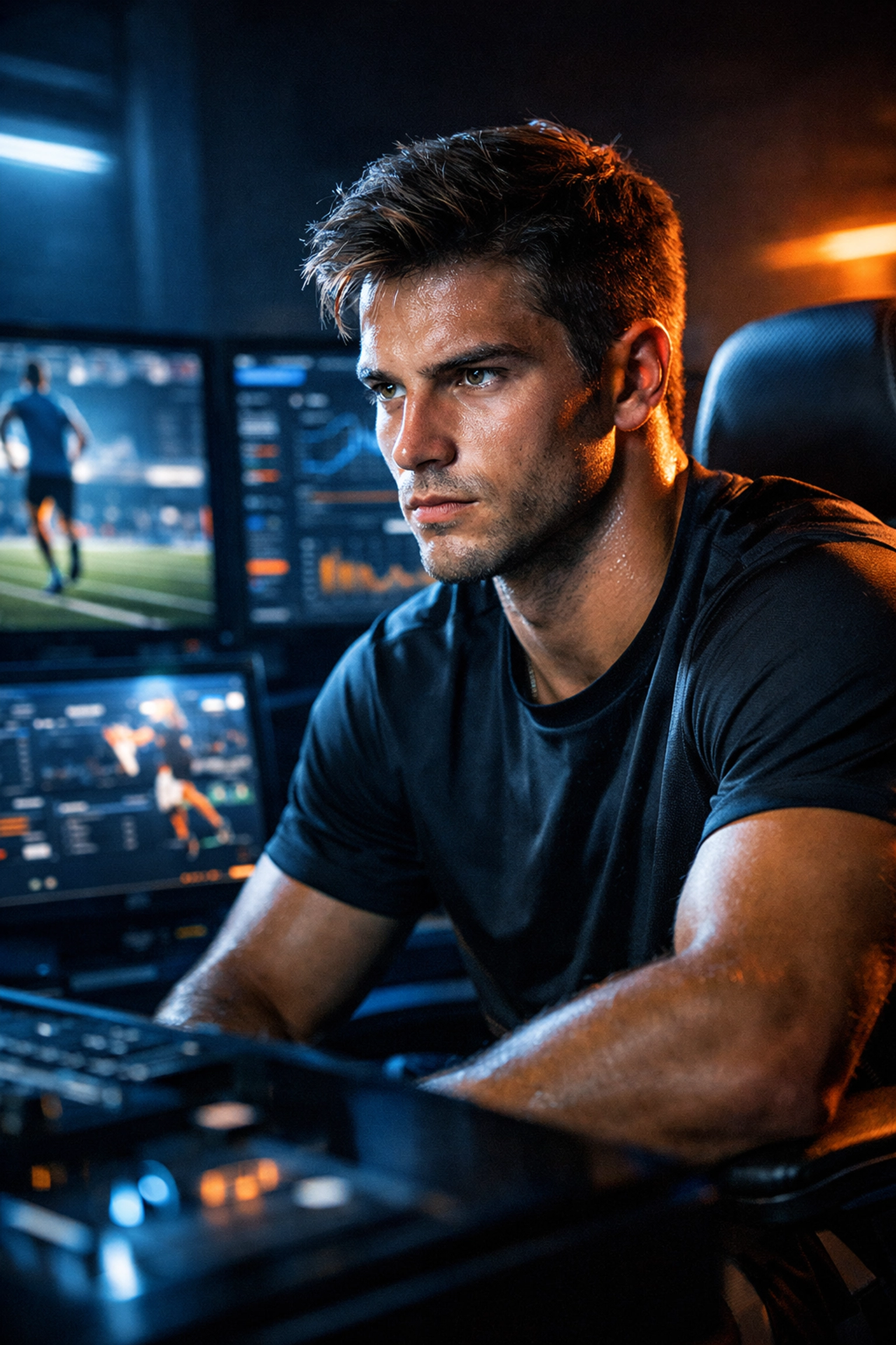 A focused athlete reviewing training footage in a digital suite to build a personal brand and NIL legacy.