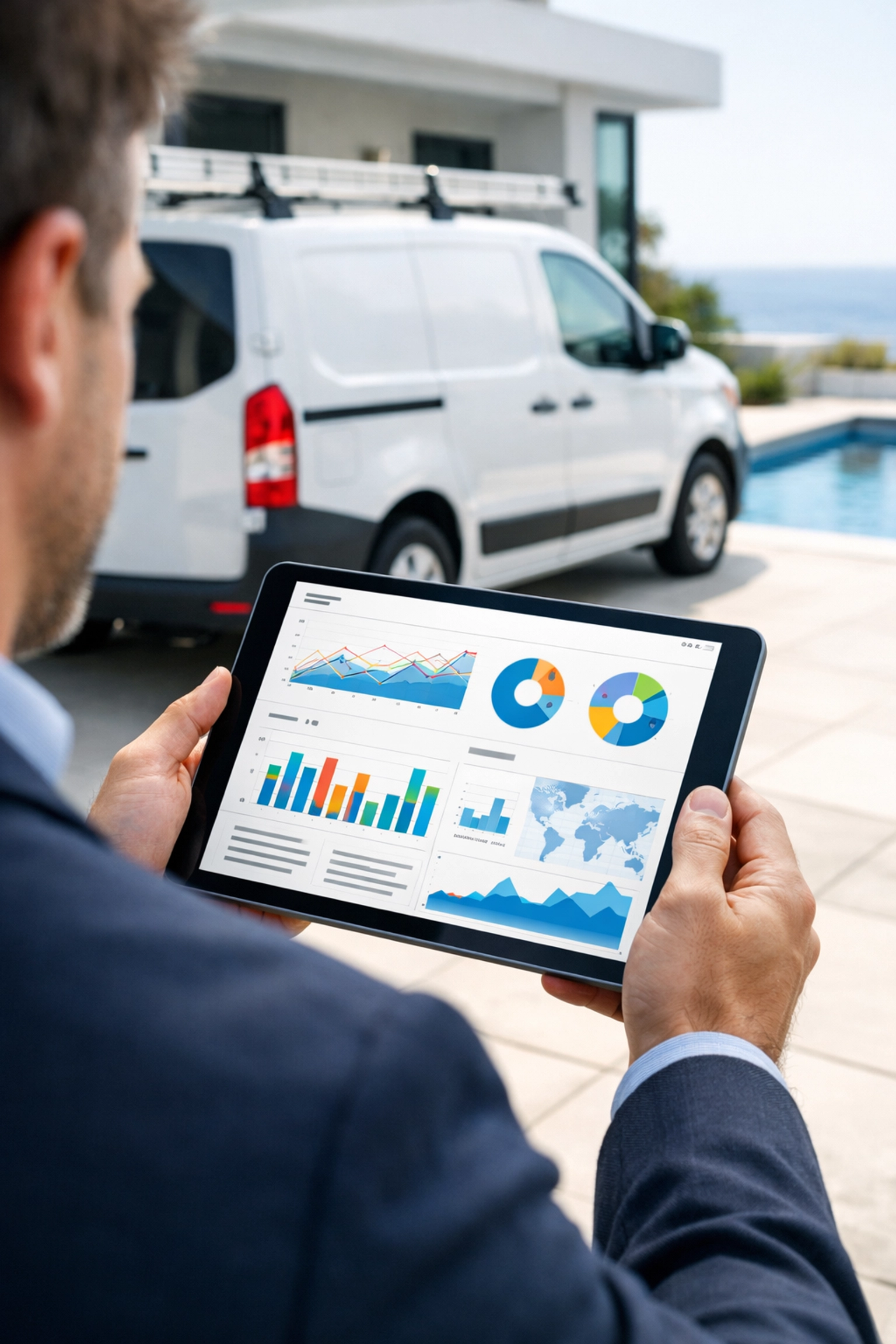 Investor reviewing business performance for a profitable pool route investment on a modern tablet.