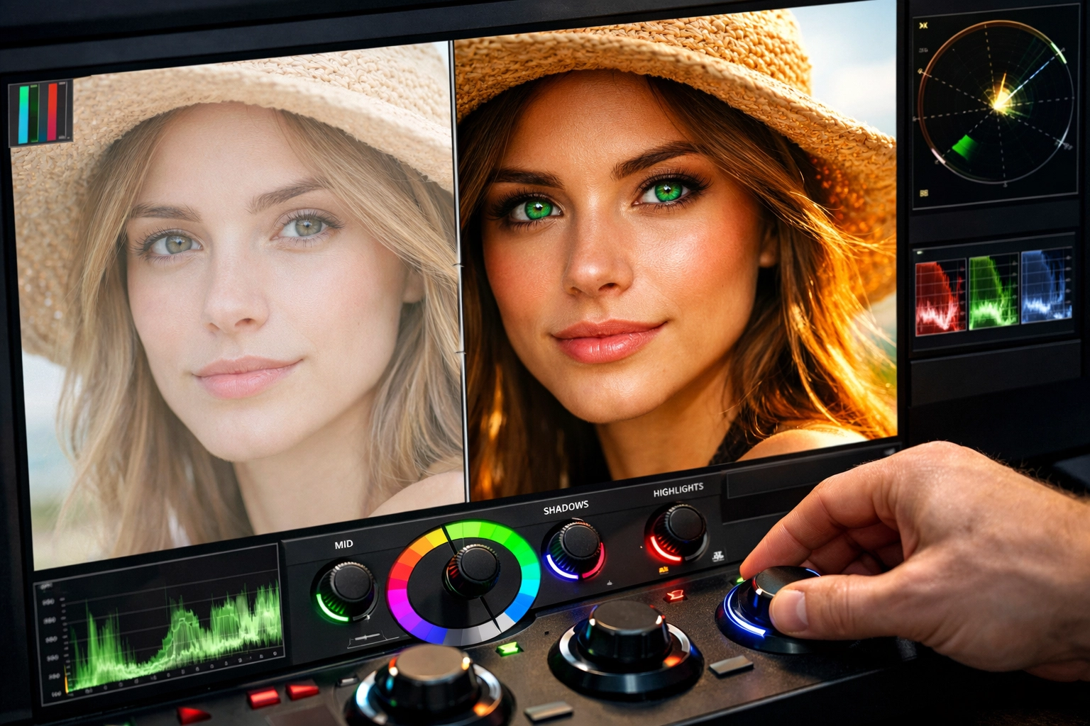 Split-screen view of a portrait before and after color grading and photo editing adjustments.