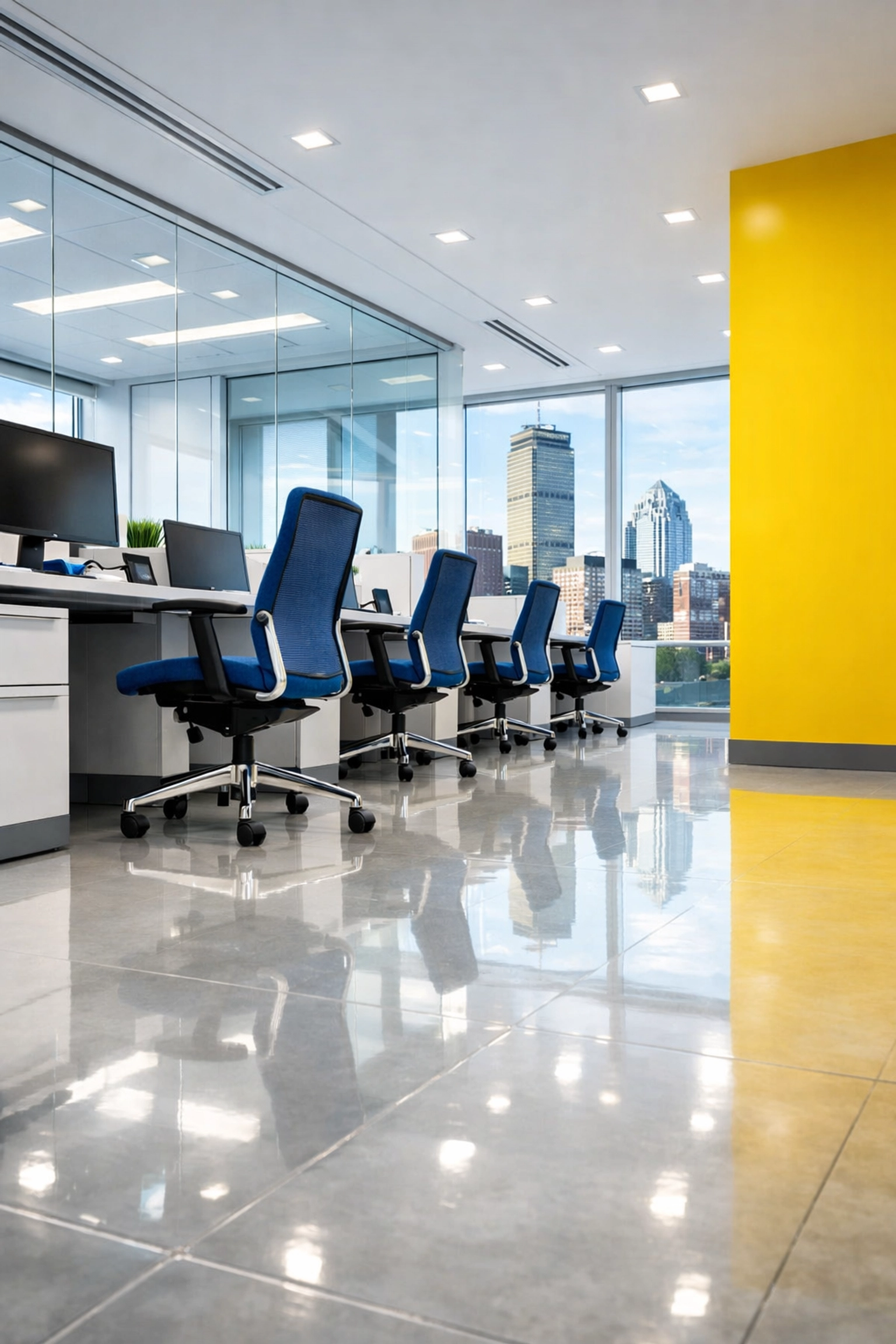 Sanitized Boston commercial office with streak-free glass and clean workstations from local cleaning services near me.