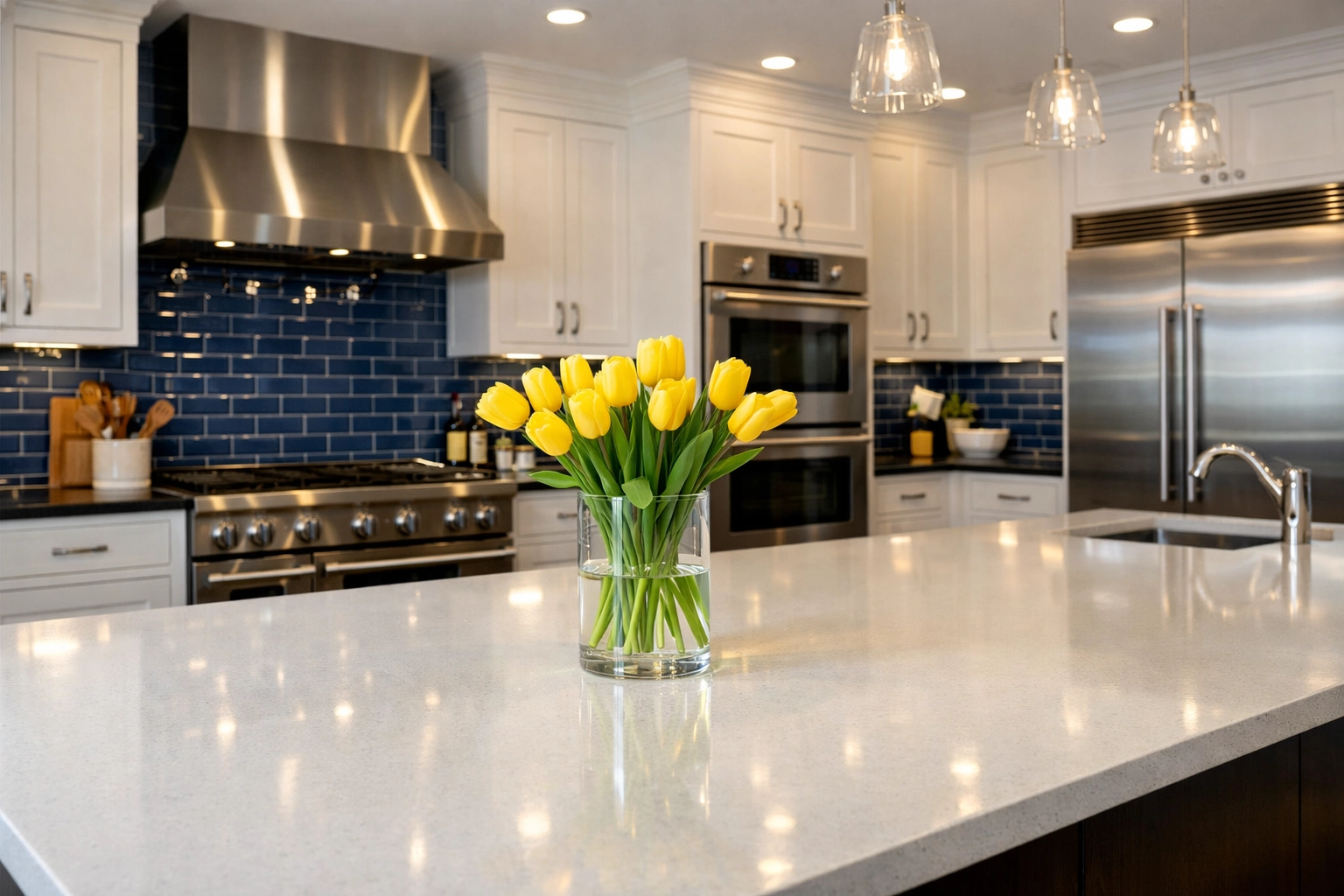 Gleaming luxury kitchen in Massachusetts with white quartz counters after residential cleaning Massachusetts services.
