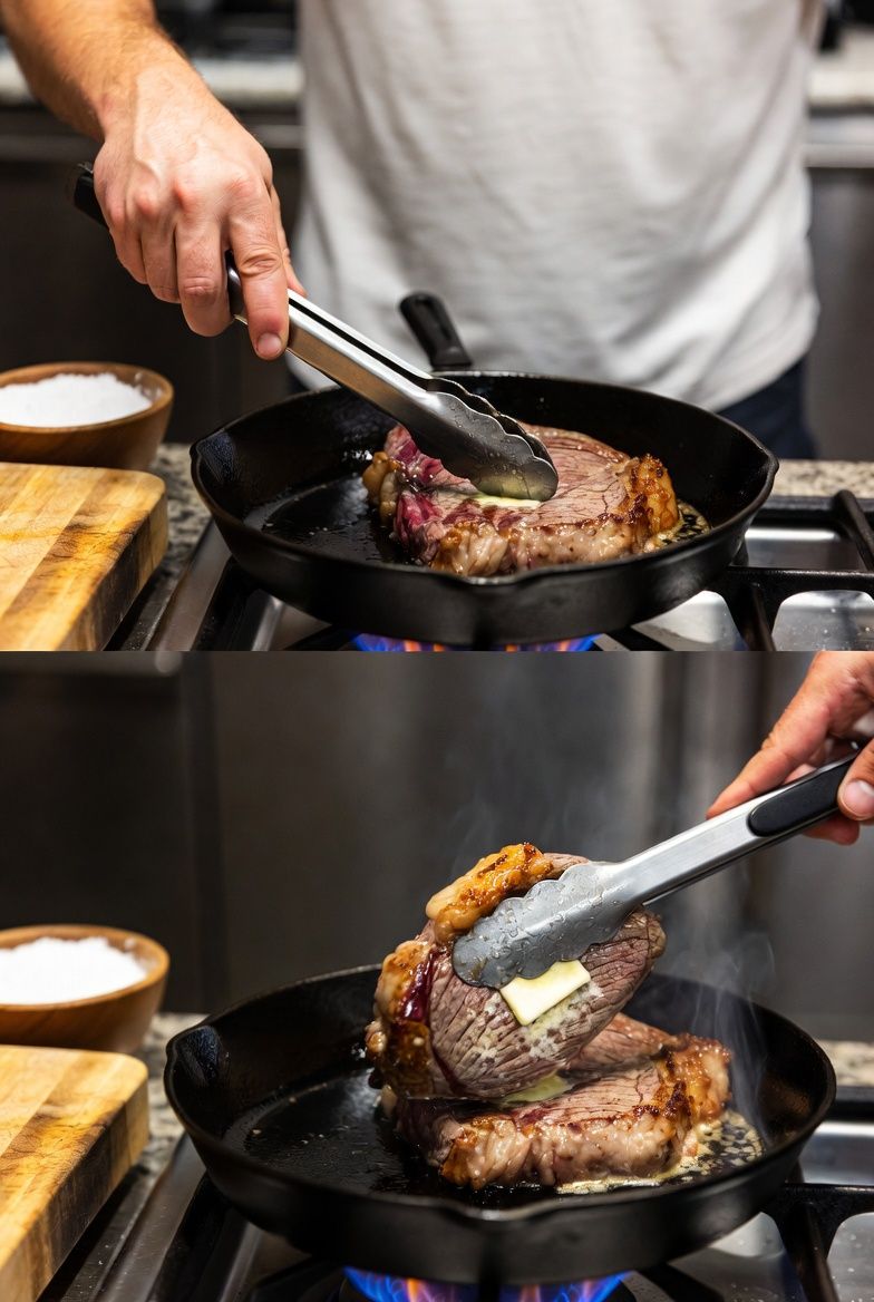 A man searing a thick steak in a cast-iron skillet, emphasizing high-protein nutrition