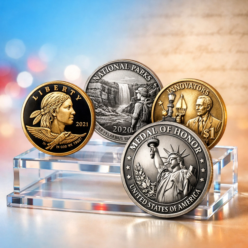 US Mint 250th anniversary commemorative coins and silver medals displayed on an acrylic stand.