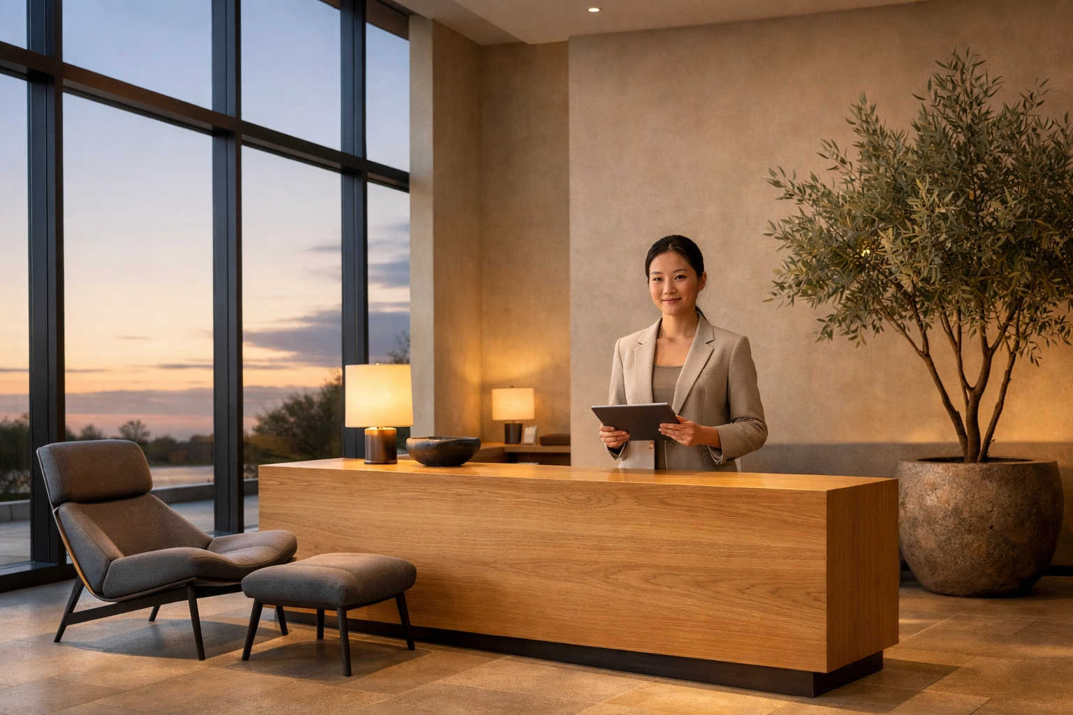 Modern hotel lobby where staff uses AI in hospitality to proactively manage guest check-ins.