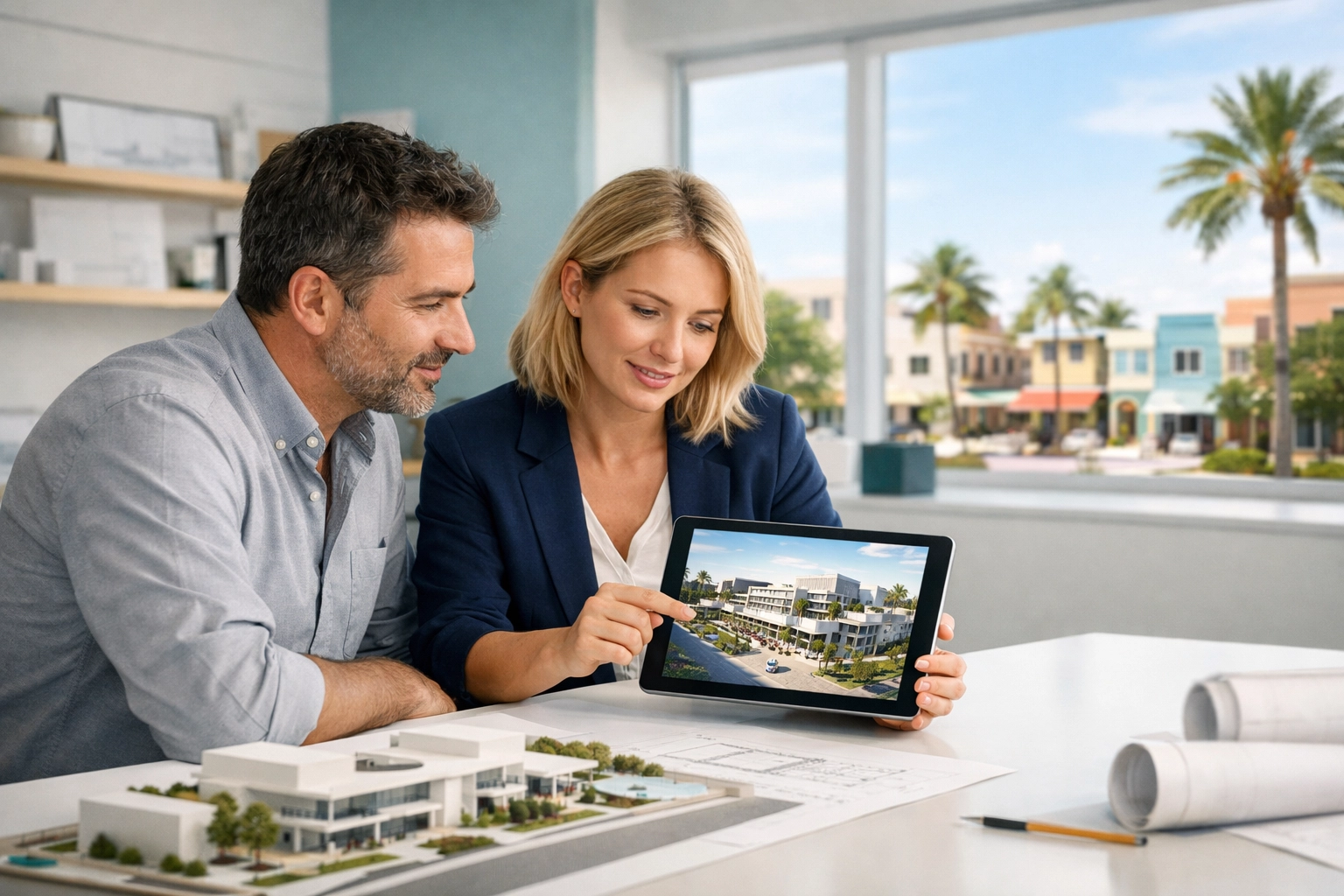 Design build contractor and project manager collaborating on a high-end South Florida commercial project.