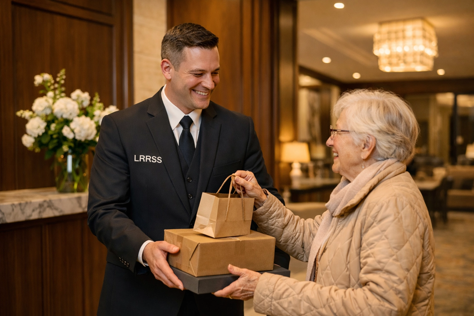 Concierge security officer assisting resident at upscale London residential building entrance