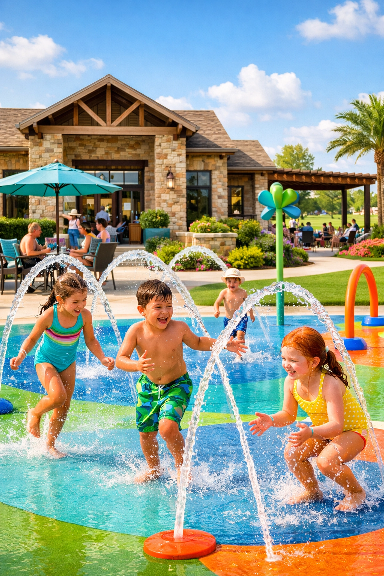 Children playing at the community splash pad near the stone clubhouse in Terrell, Texas.