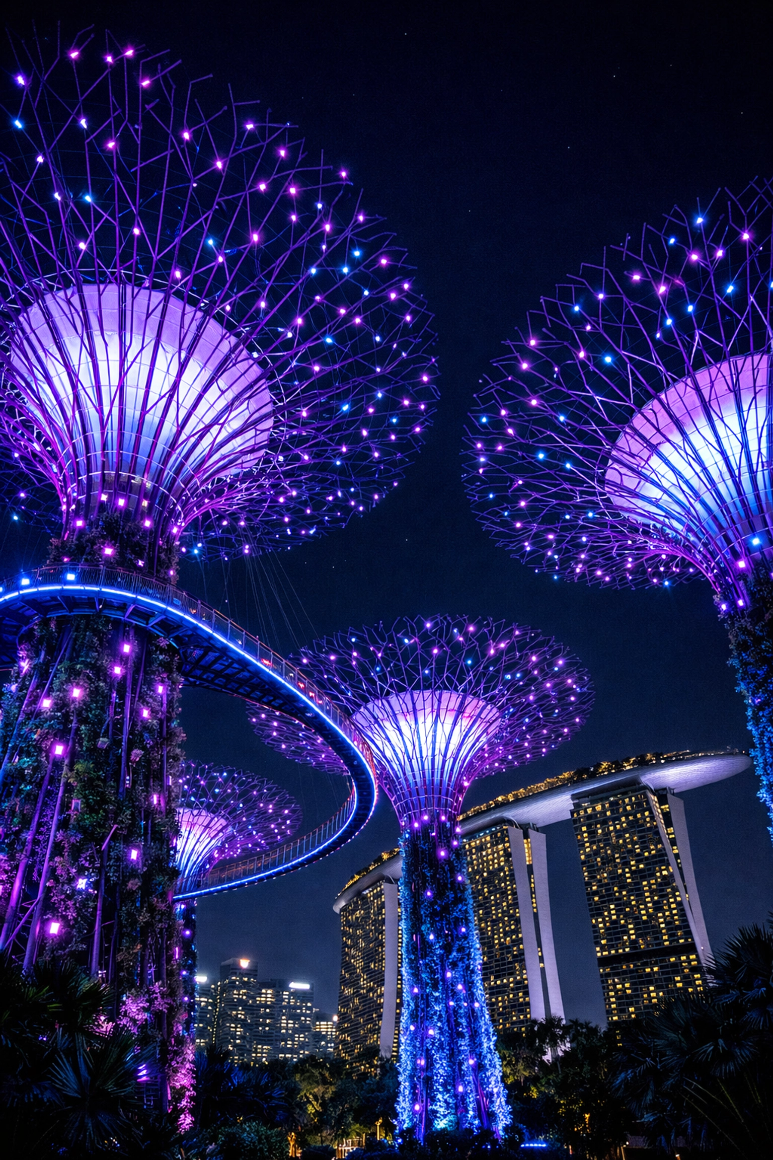 Night photography of the glowing Supertrees in Singapore, one of the most instagrammable places in Asia.