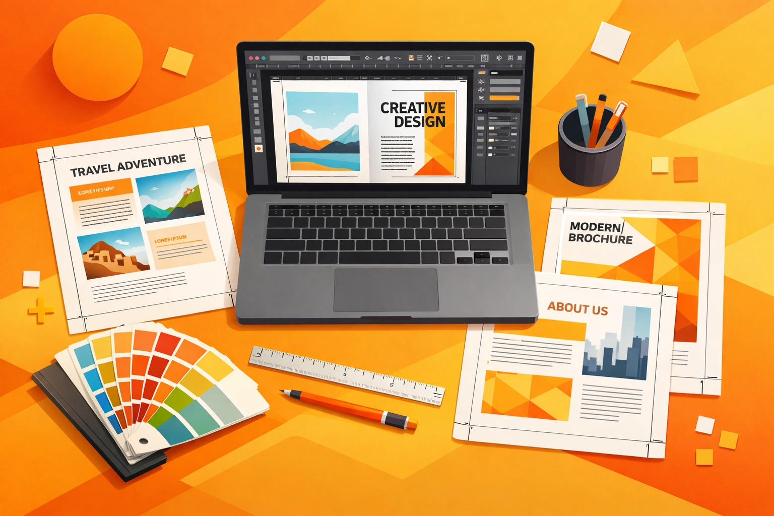 InDesign workspace setup with print materials showing bleed marks and trim lines for proper file preparation