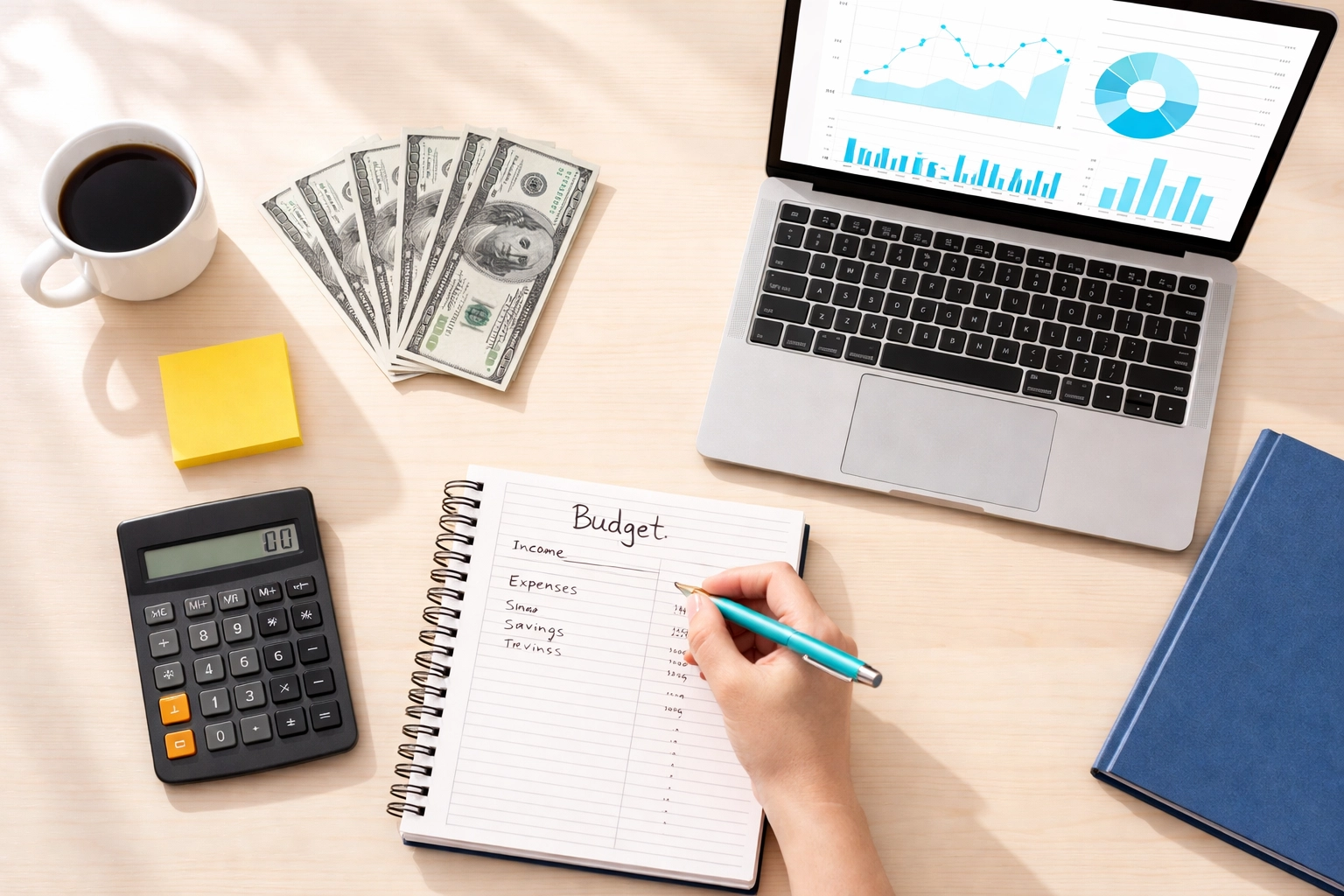 Desk with budget planning tools and analytics, representing smart investment in SEO services for small business