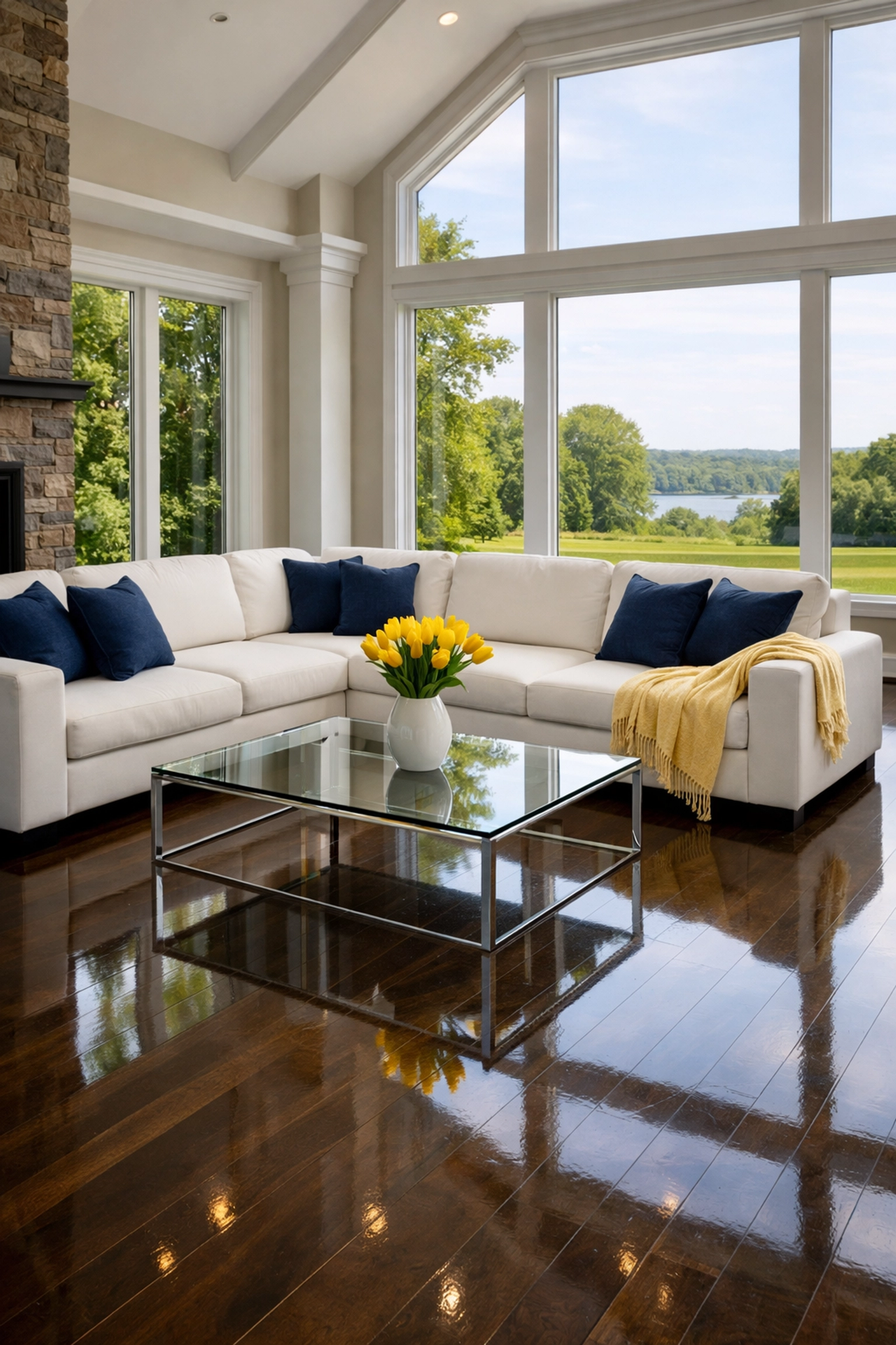 Spotless living room with polished floors after a recurring house cleaning Southborough MA service.