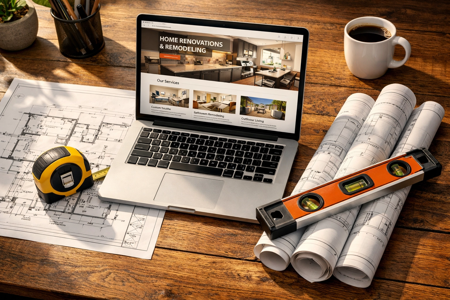 Professional web design for small business on a laptop with contractor blueprints and measuring tools.