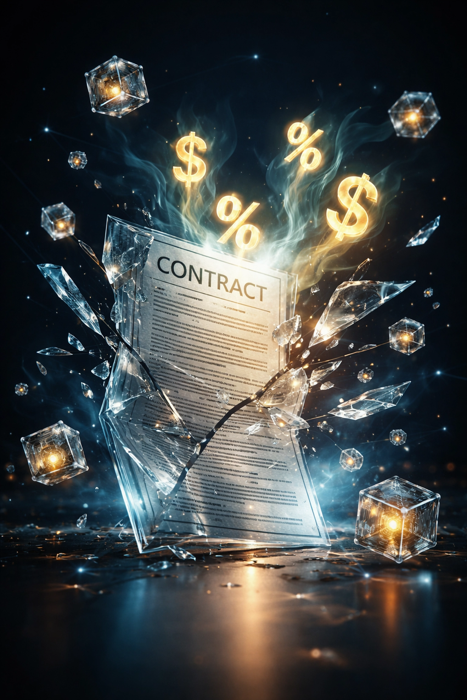 Blockchain contract breaking open to reveal hidden fees, symbolizing payment processing transparency with Larecoin