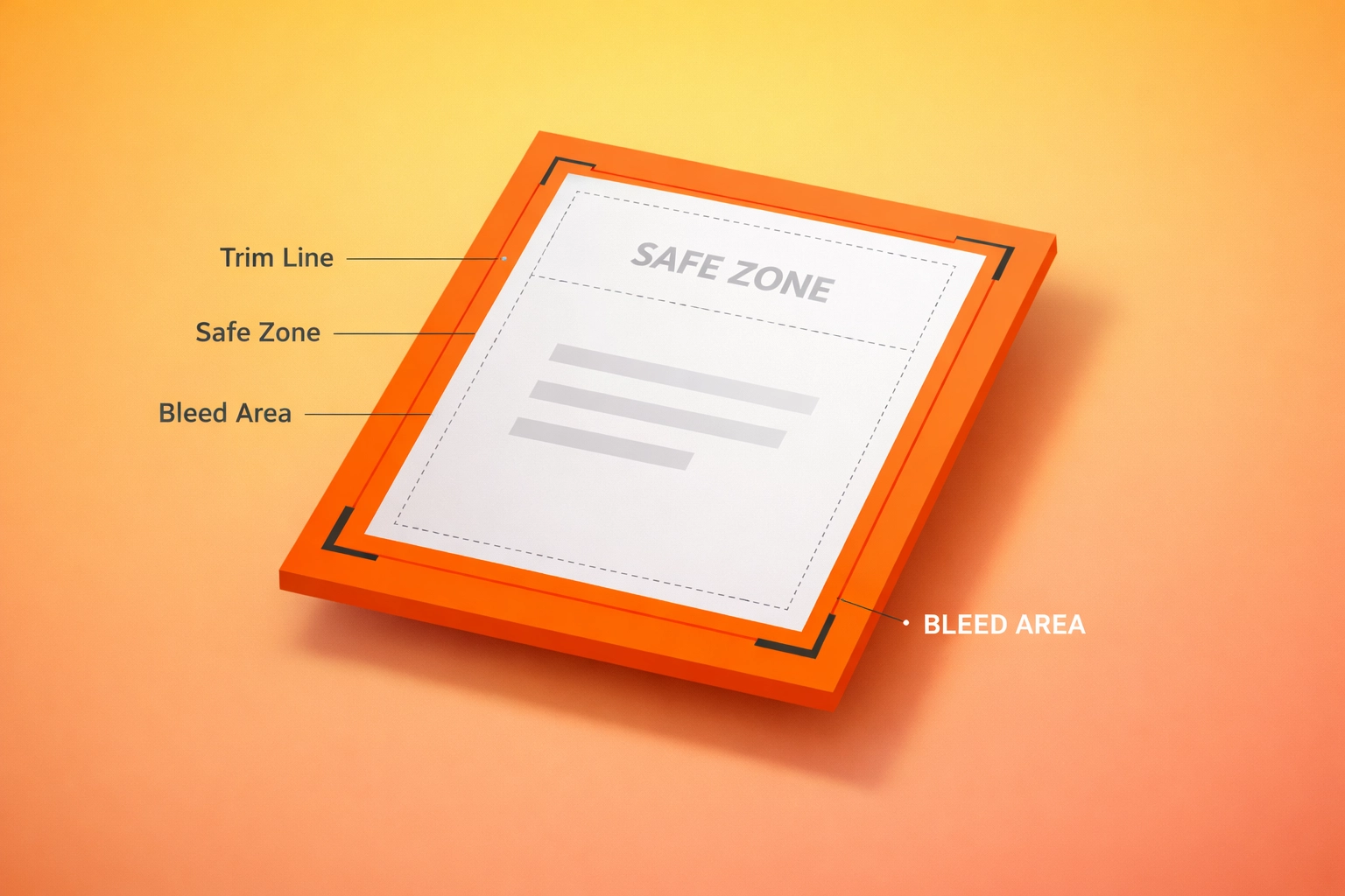 Print document showing bleed area extension with crop marks and proper margin setup