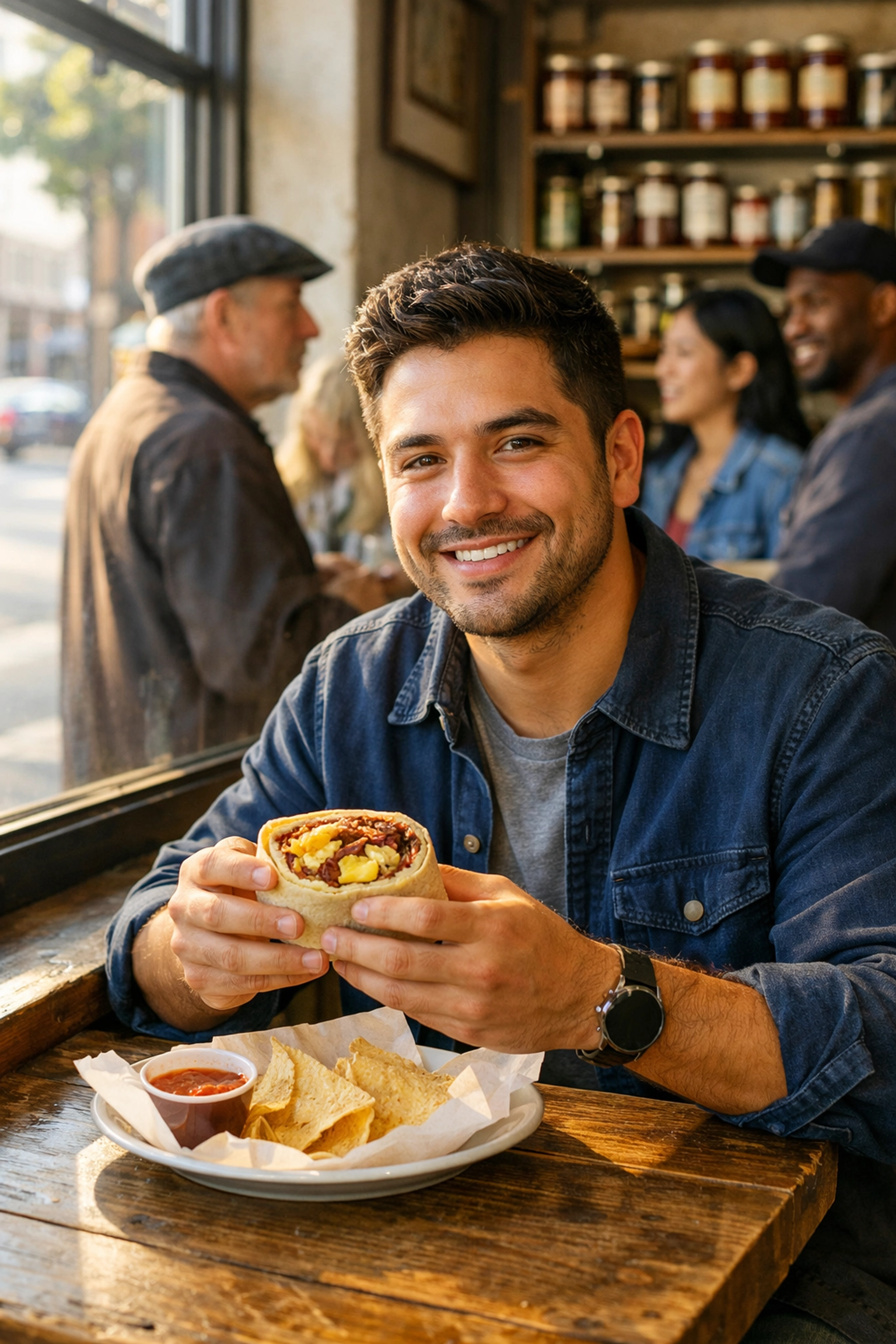 Enjoying a signature pastrami and latke breakfast burrito at Loveski Deli in Jackson Square.