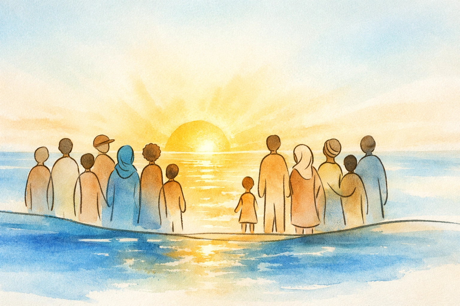 A global community together at sunrise on a shore, depicting spiritual unity and God's welcome.