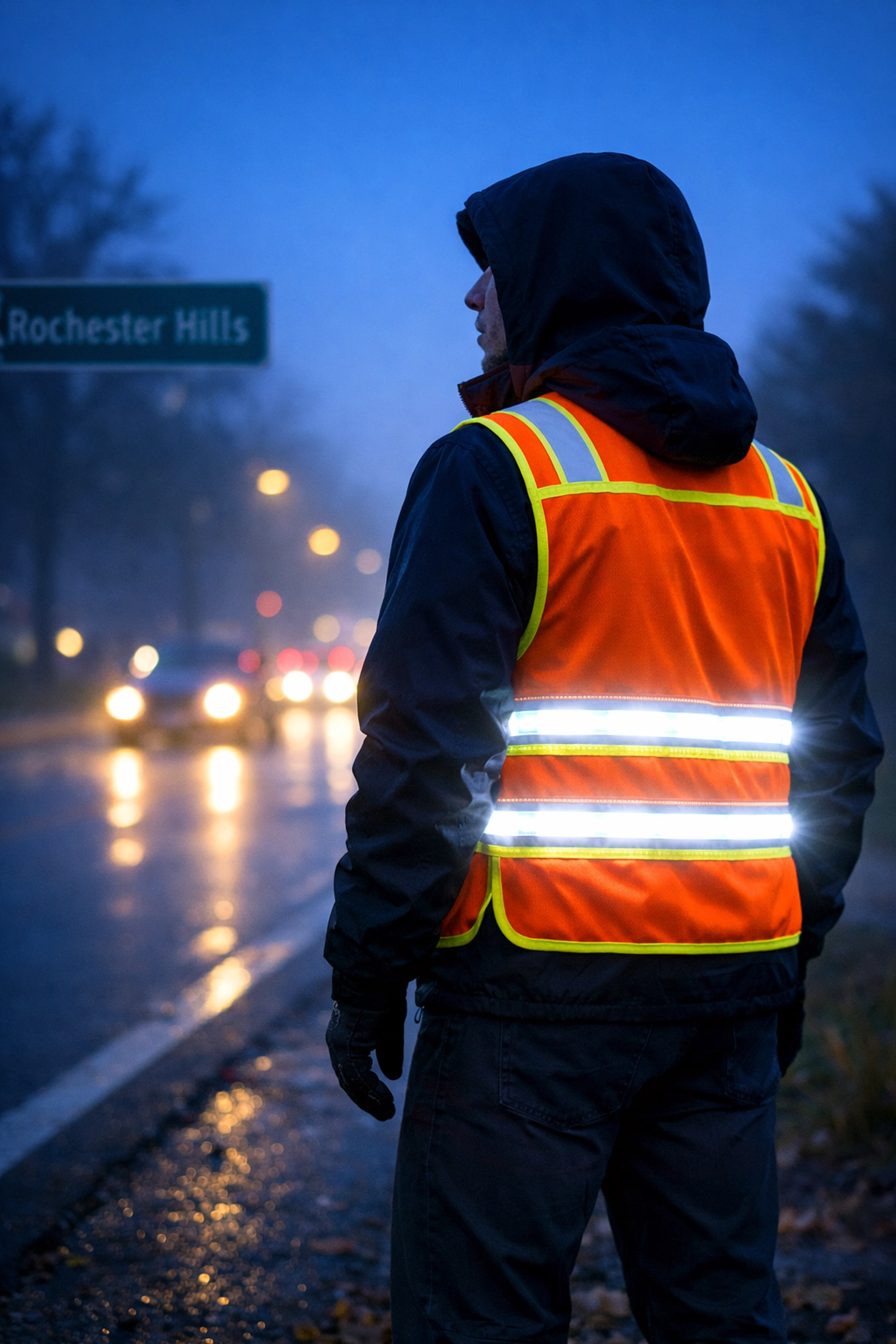 IllumiVest LED safety vest with high-intensity white lights worn on a misty Rochester Hills road at twilight.