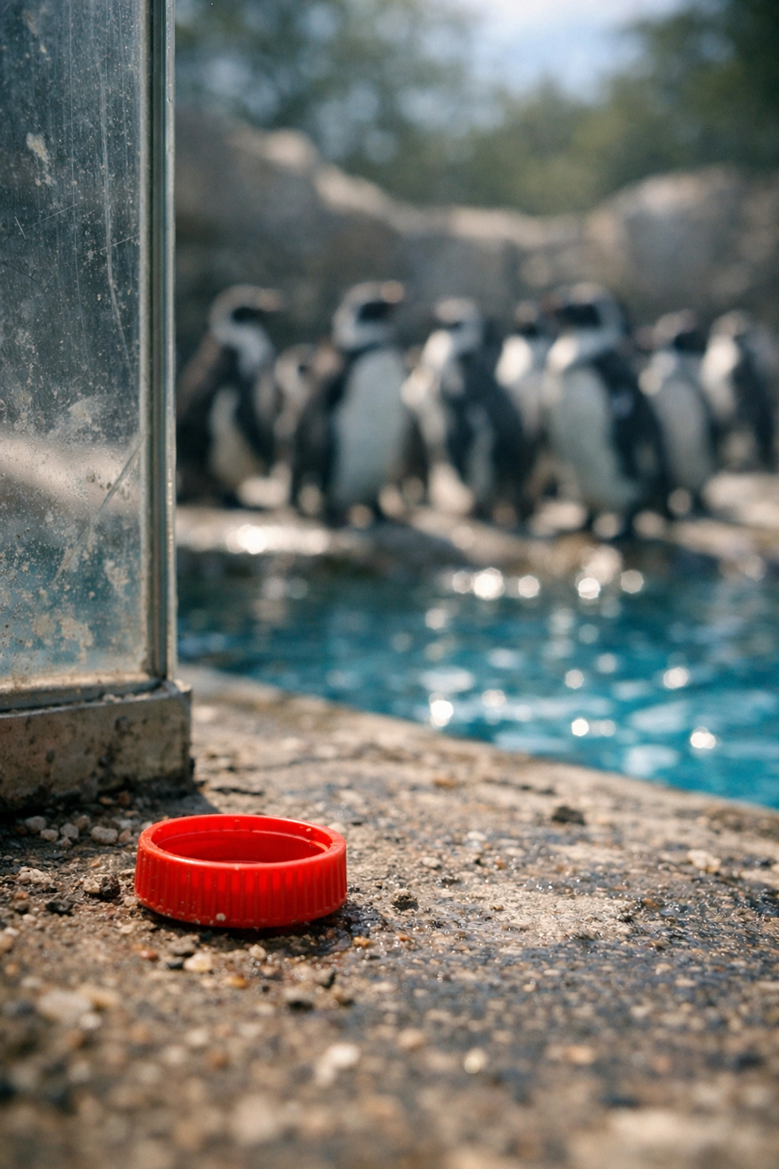 Plastic litter near a penguin exhibit showing conservation challenges in captivity.