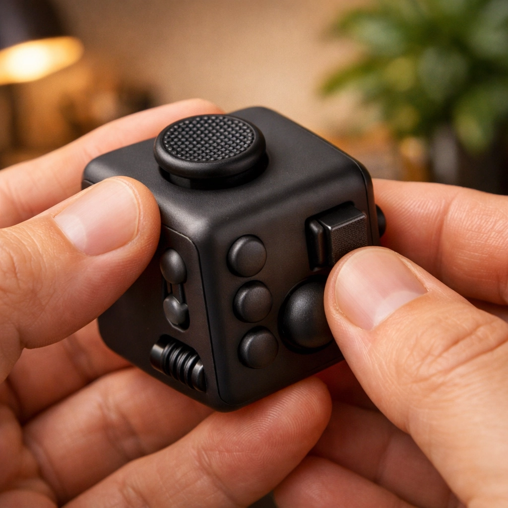 Hands using a black fidget cube for sensory grounding and focus in a warm home office.