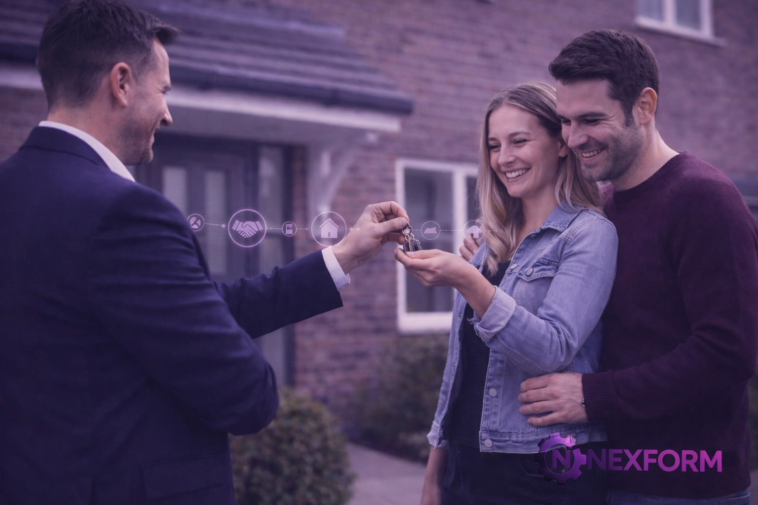 Estate agent handing keys to buyers after a fast property completion powered by AI sales progression.