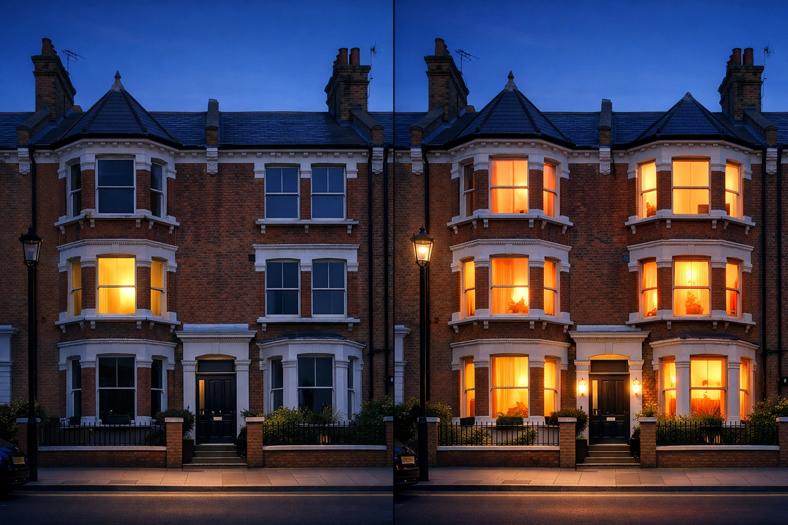 Side-by-side comparison of a standard buy-to-let and a multi-let HMO house showing different rental income streams.