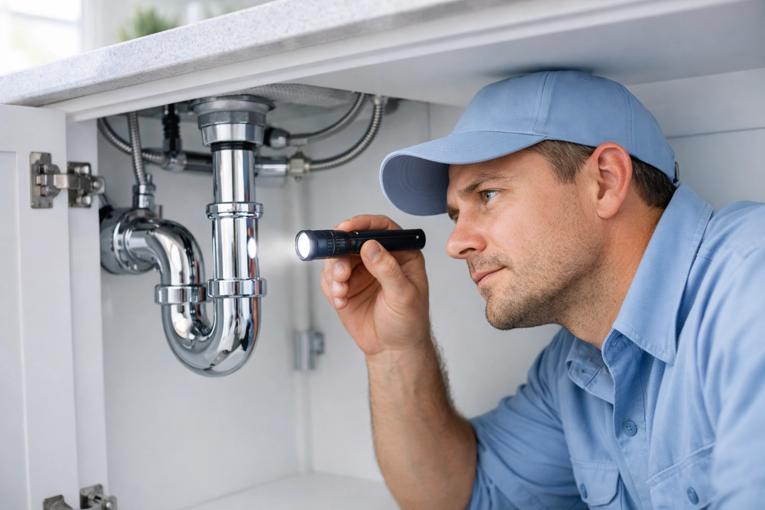 Professional technician performing expert leak detection florida under a modern kitchen sink.