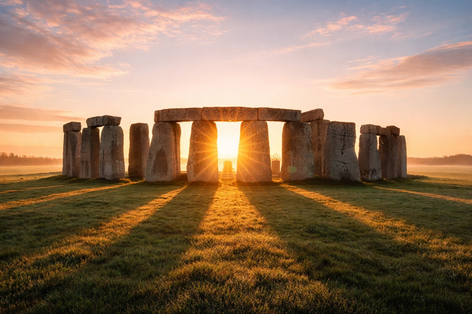 Sunrise at Stonehenge with golden light streaming through the standing stones, capturing the monument's celestial alignment.