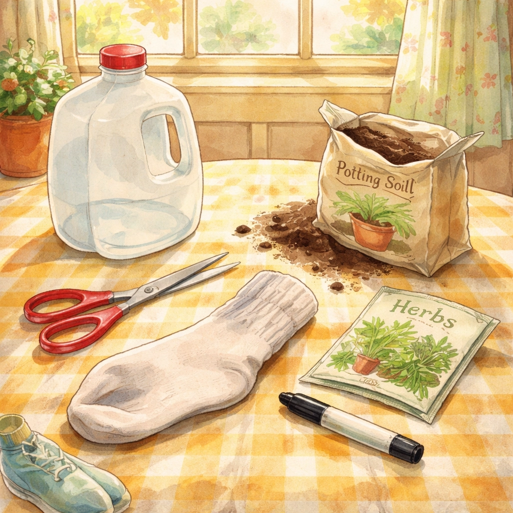 Kitchen table displaying all supplies needed for a DIY self-watering milk jug planter, including jug, soil, and seeds