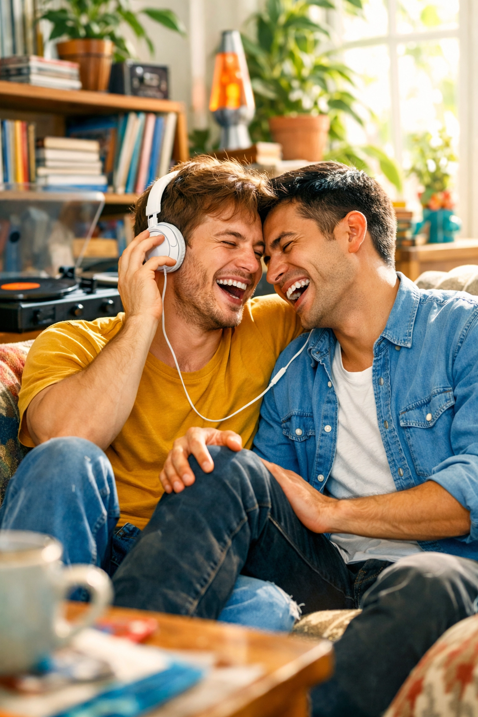 Two male best friends laughing on a couch, depicting the joyful best friends to lovers trope in MM fiction.