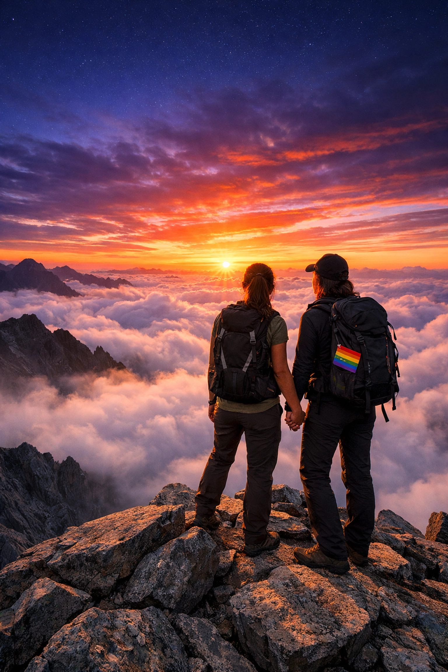 A lesbian couple holding hands at a mountain summit during a beautiful sunrise hike.