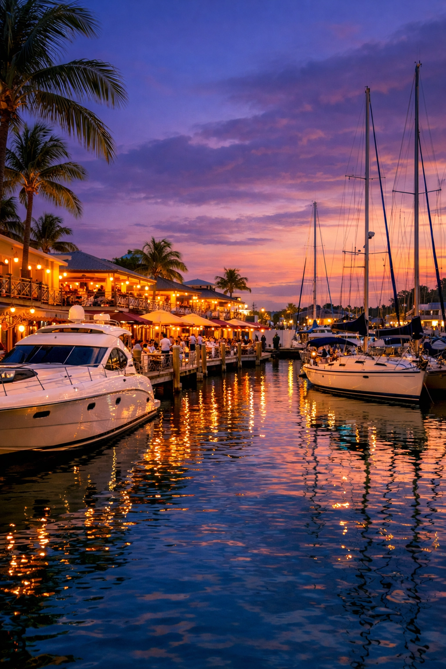 Cape Coral marina lifestyle with yachts docked at waterfront restaurants during golden hour