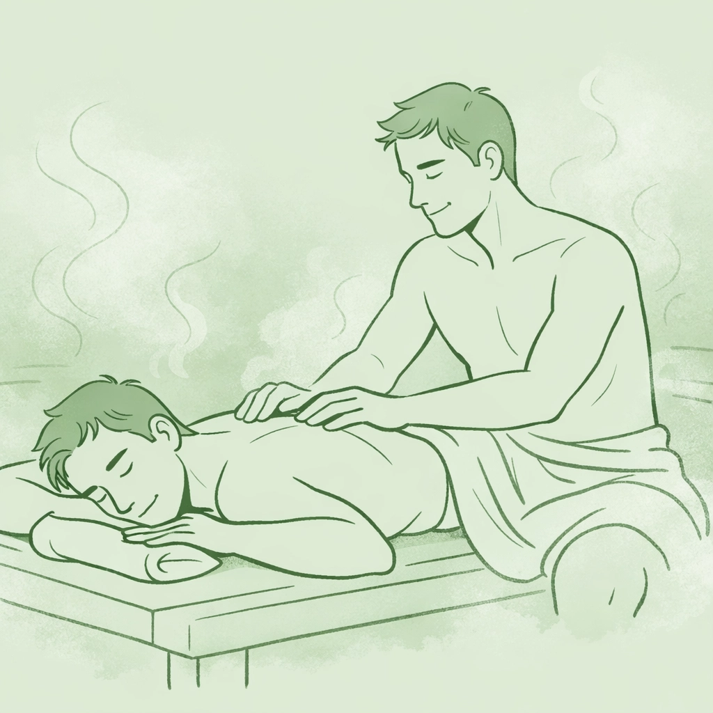 Two men in gay sauna, one receiving massage on bench surrounded by steam and vapor