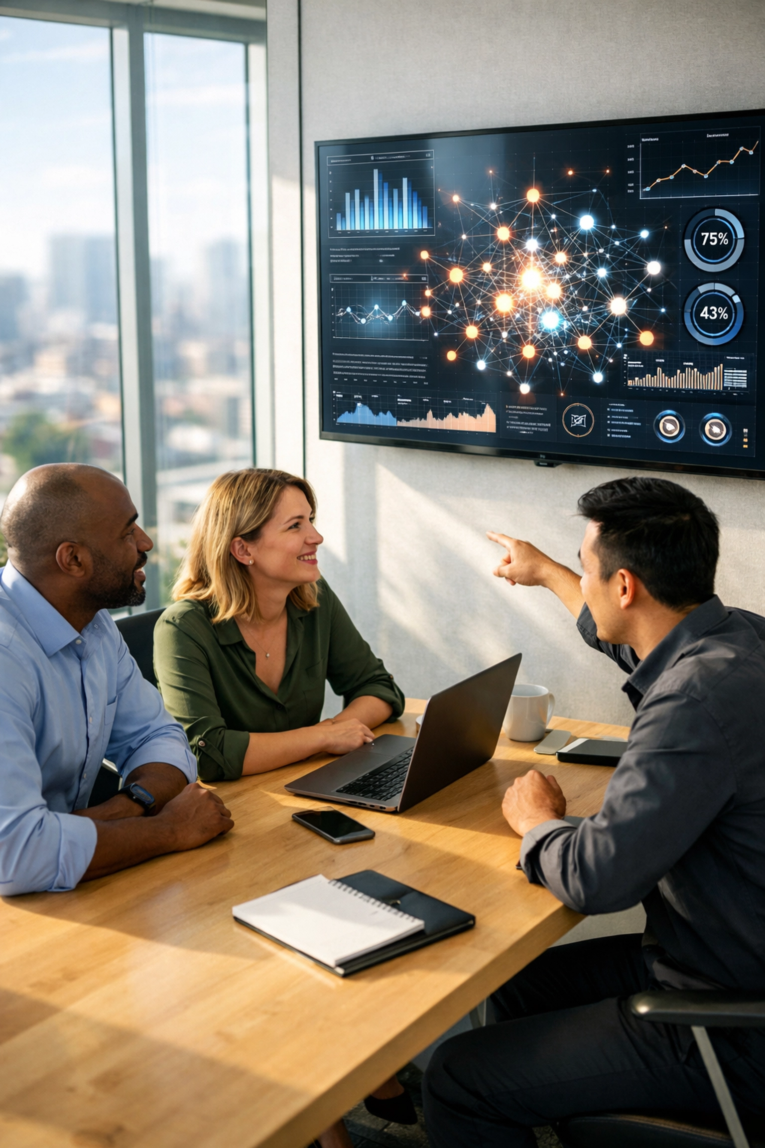 IT strategists discussing ServiceNow ITOM ROI metrics while viewing real-time data visualizations in a modern office.