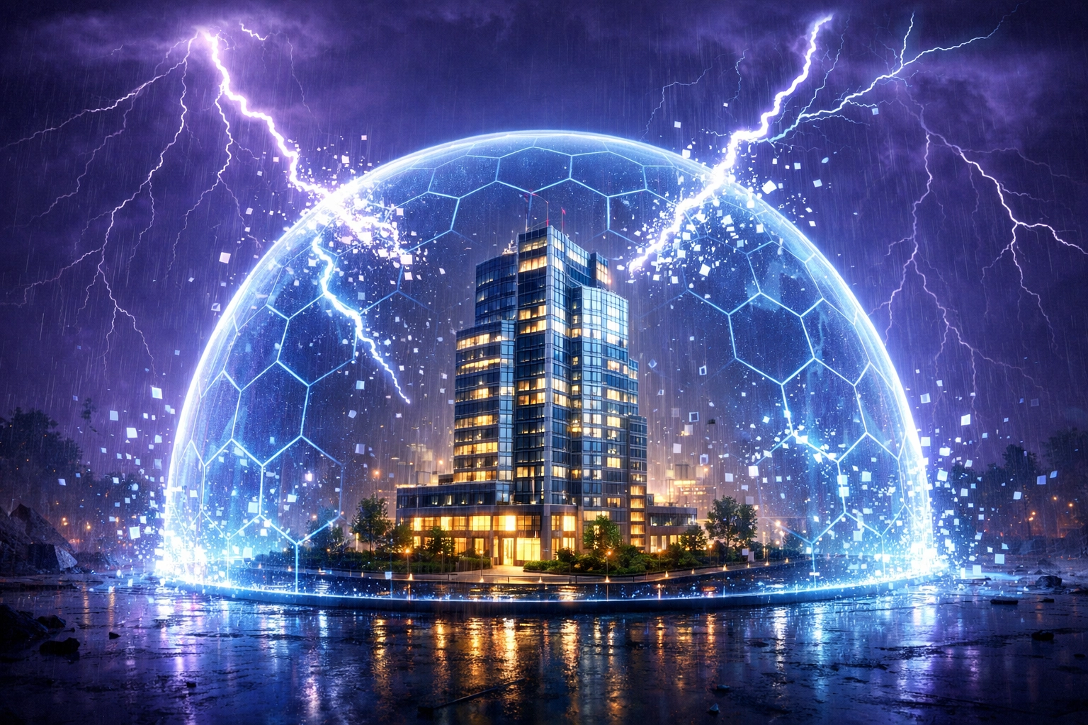 Protective digital dome over a glass building representing proactive WordPress security and firewalls.