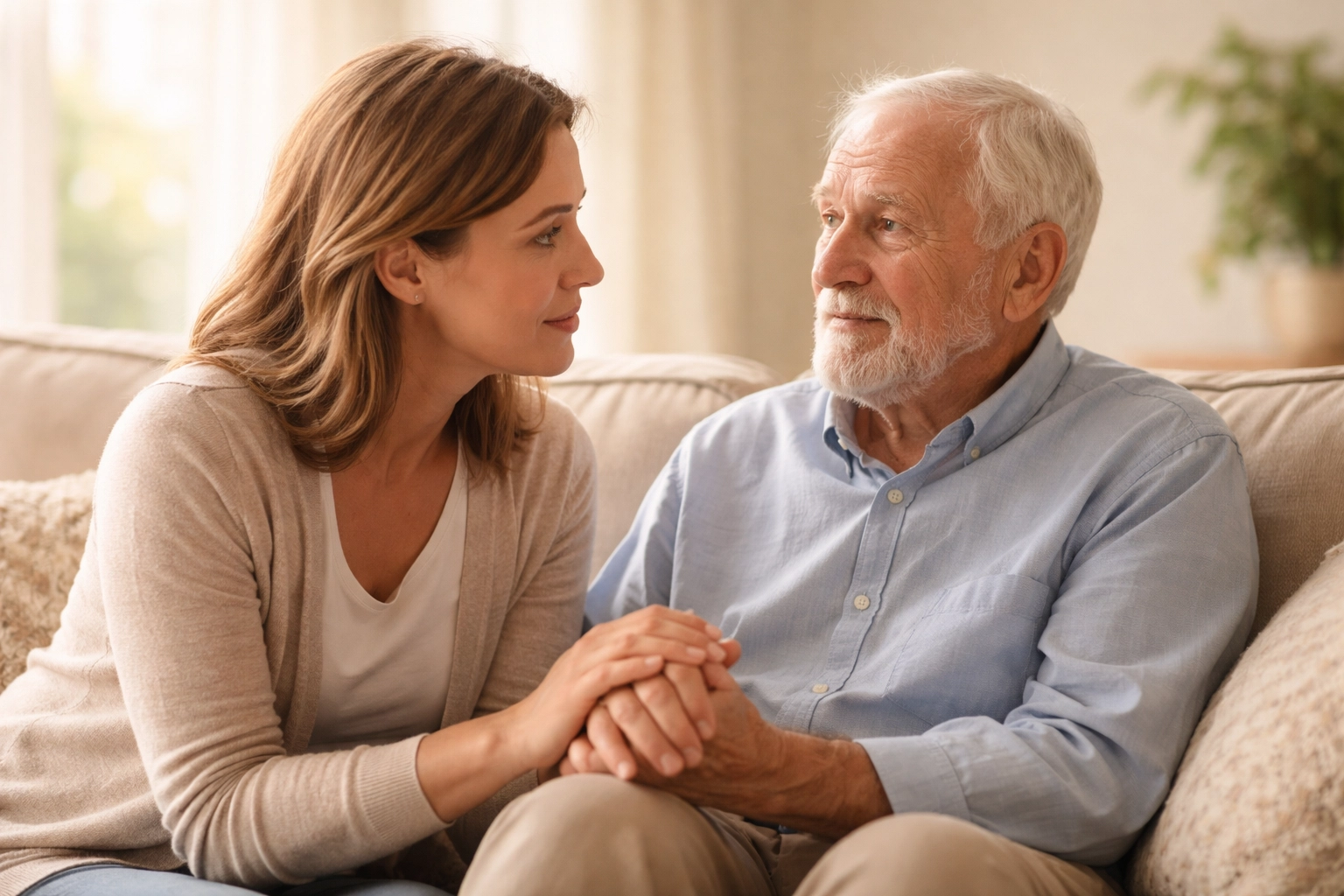 Daughter holding hands with her elderly father on a sofa in a Sarasota home, showing concern and warmth after a recent fall, an indicator for memory care support.
