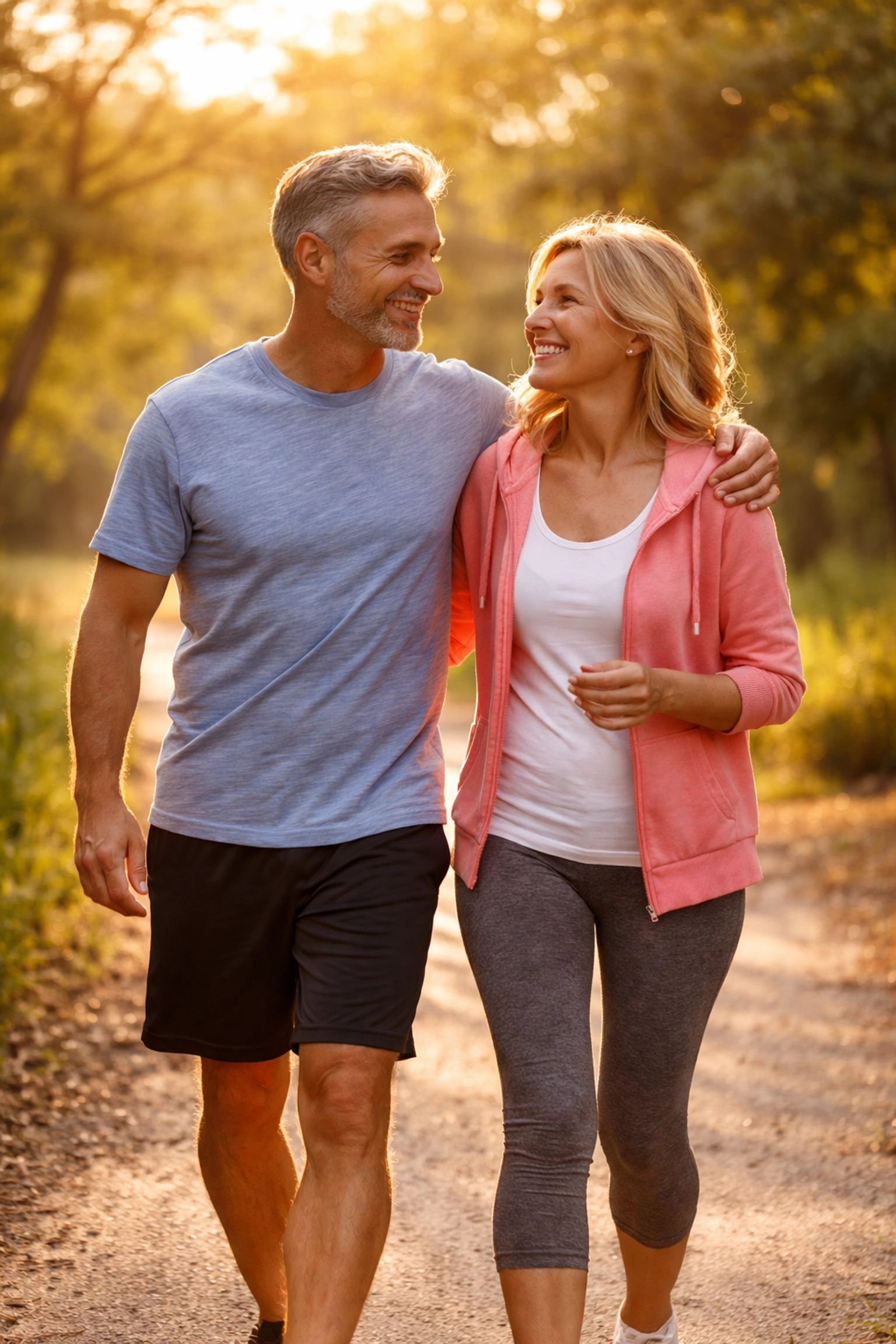 Active middle-aged couple walking in a park, representing the vitality and lasting benefits of supervised weight loss