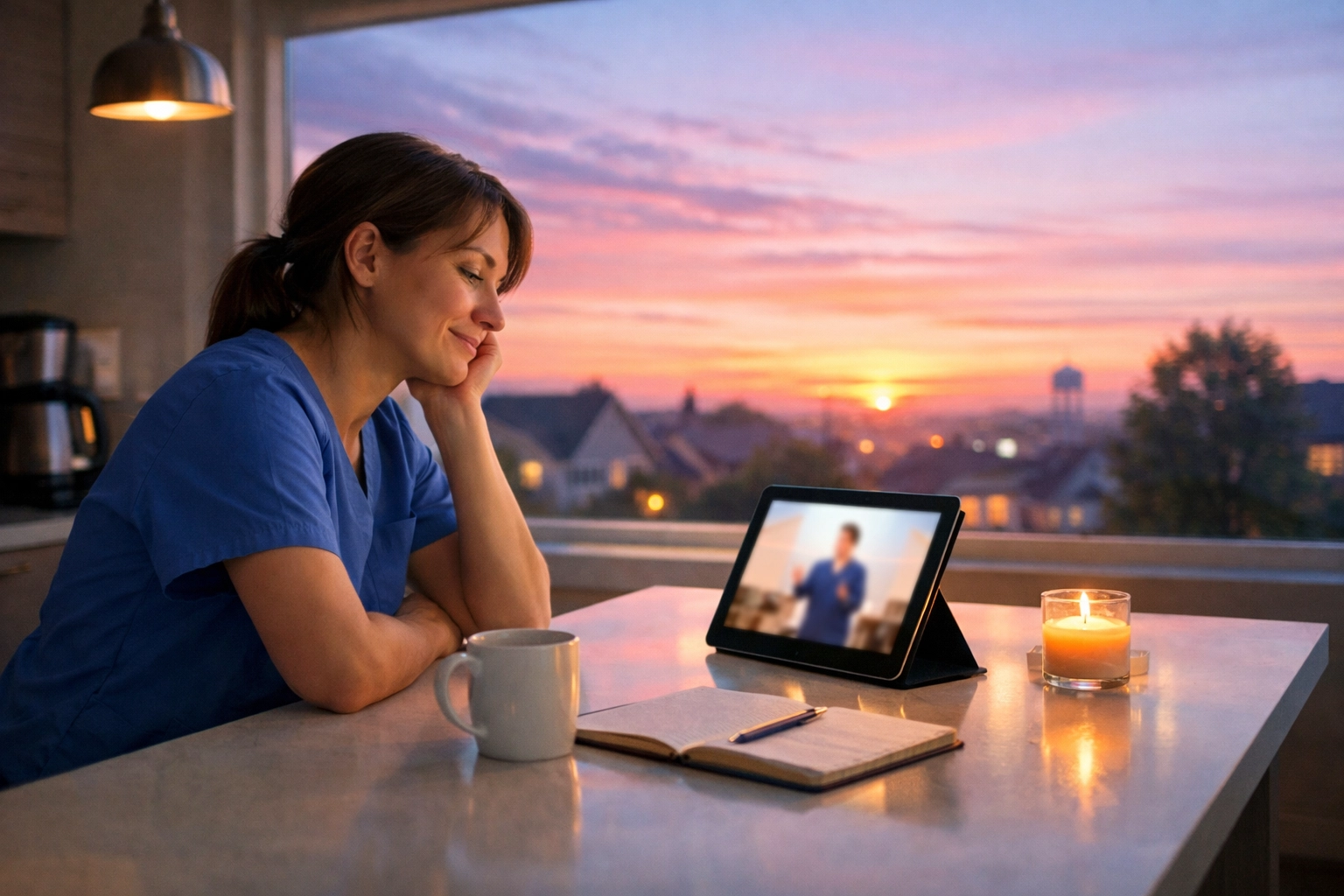 Healthcare worker joining an online church service at dawn, representing spiritual growth for shift workers.