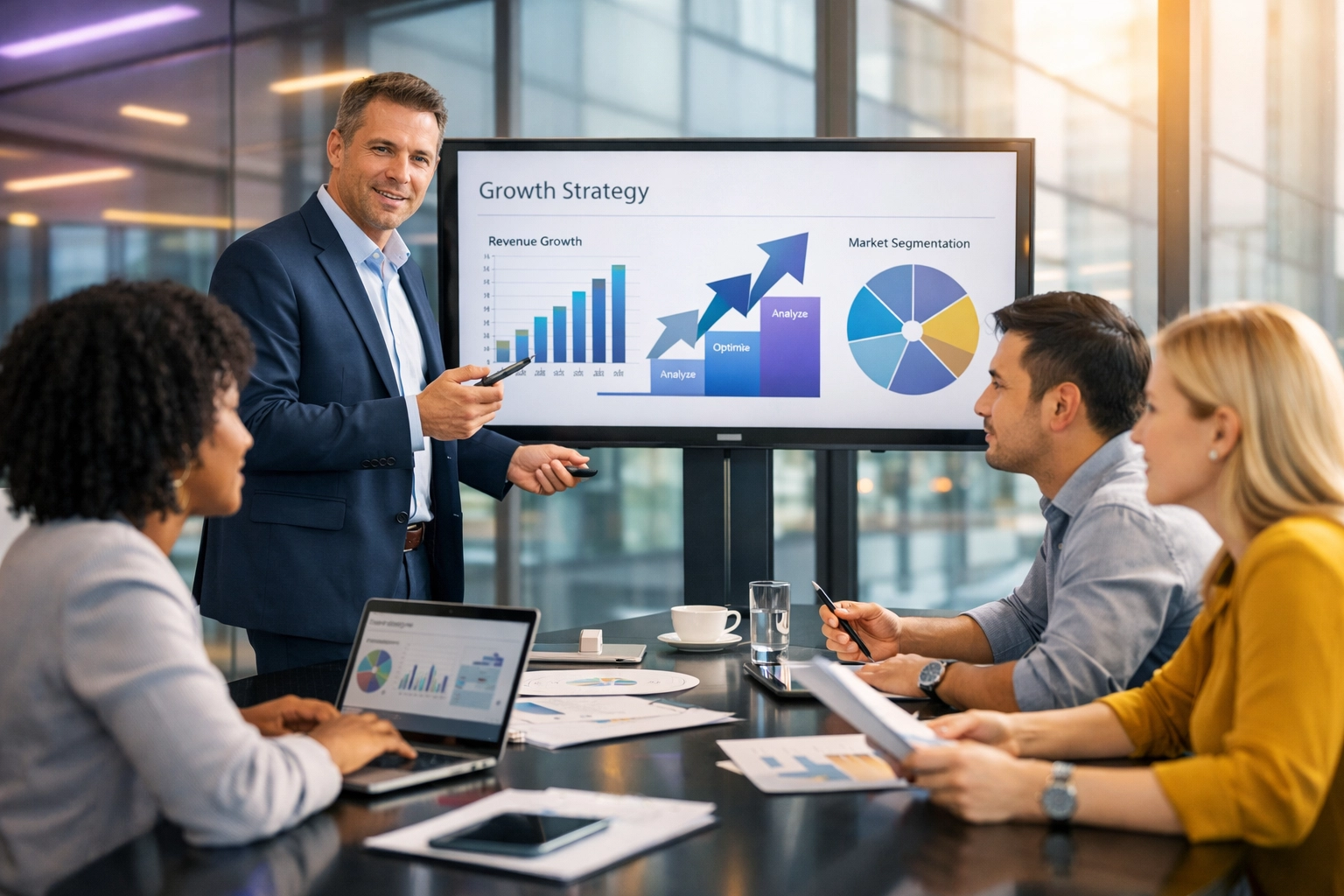 Professional services team collaborating on growth strategies in modern office meeting