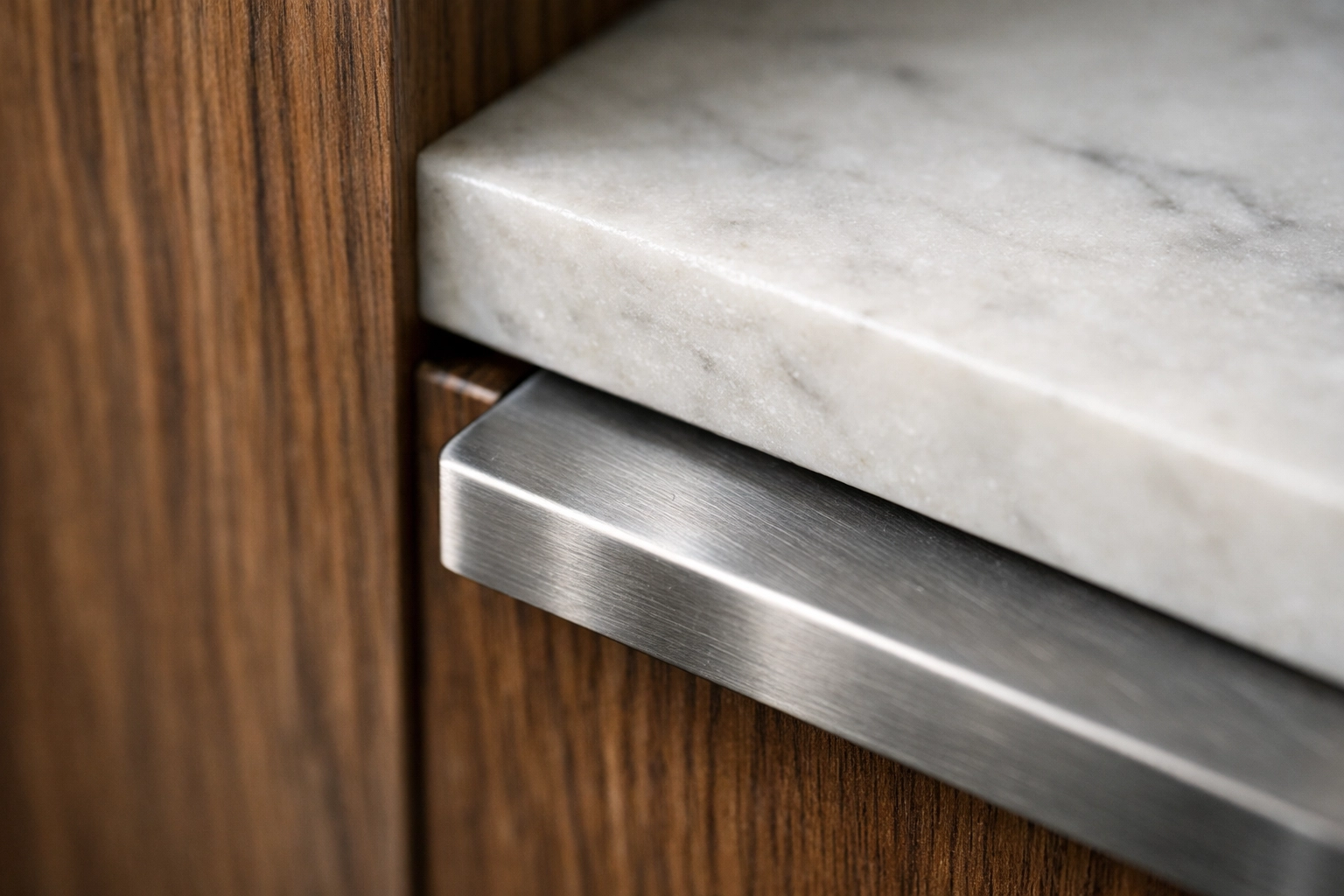 8K ultra-detailed KBB materials close-up render - wood veneer grain, honed stone, brushed metal handle, realistic micro-texture, shallow depth of field, natural side light, no humans, no text