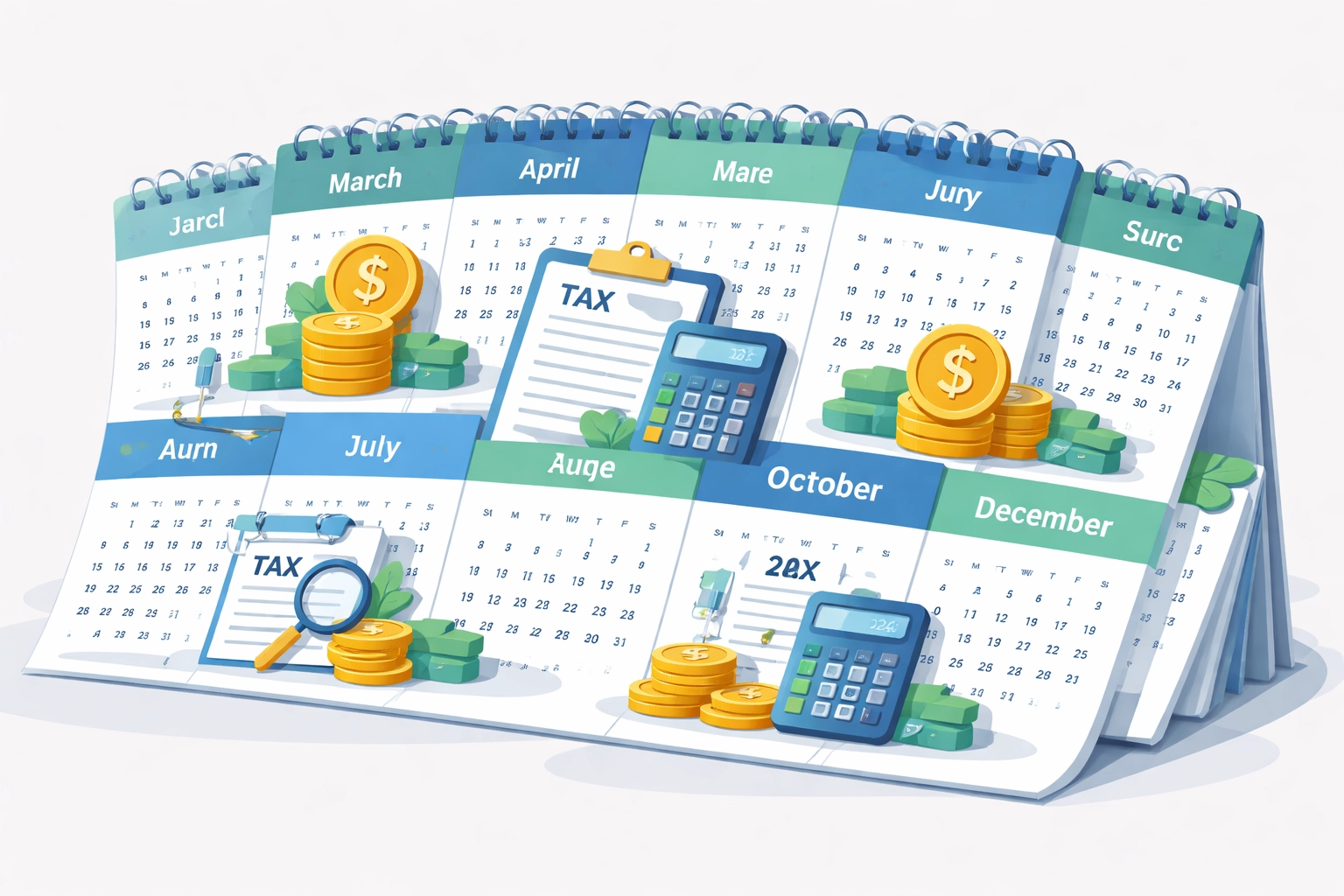 Illustration of a 12-month calendar with tax icons, symbolizing year-round tax planning benefits in 2026.