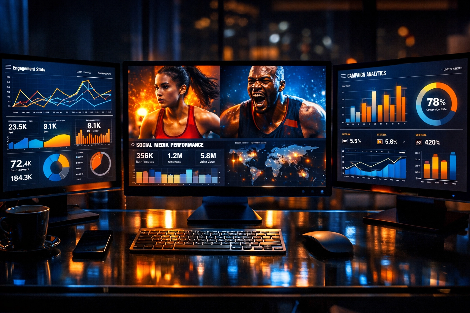 Digital marketing dashboard with real-time NIL campaign data and social media engagement analytics on high-tech monitors.