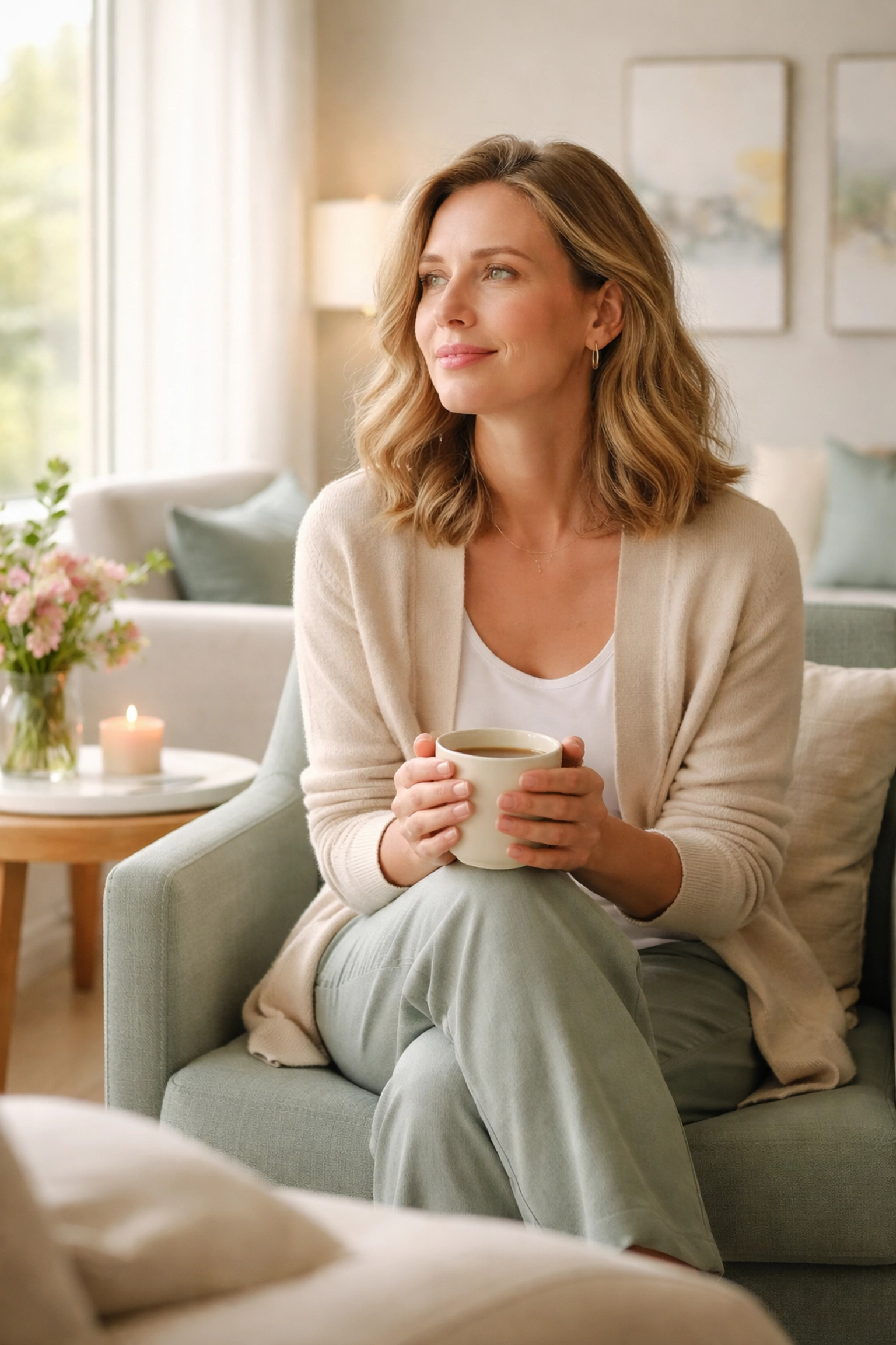 Confident surrogate candidate peacefully waiting in a cozy Michigan clinic lounge, demonstrating emotional readiness for surrogate screening.